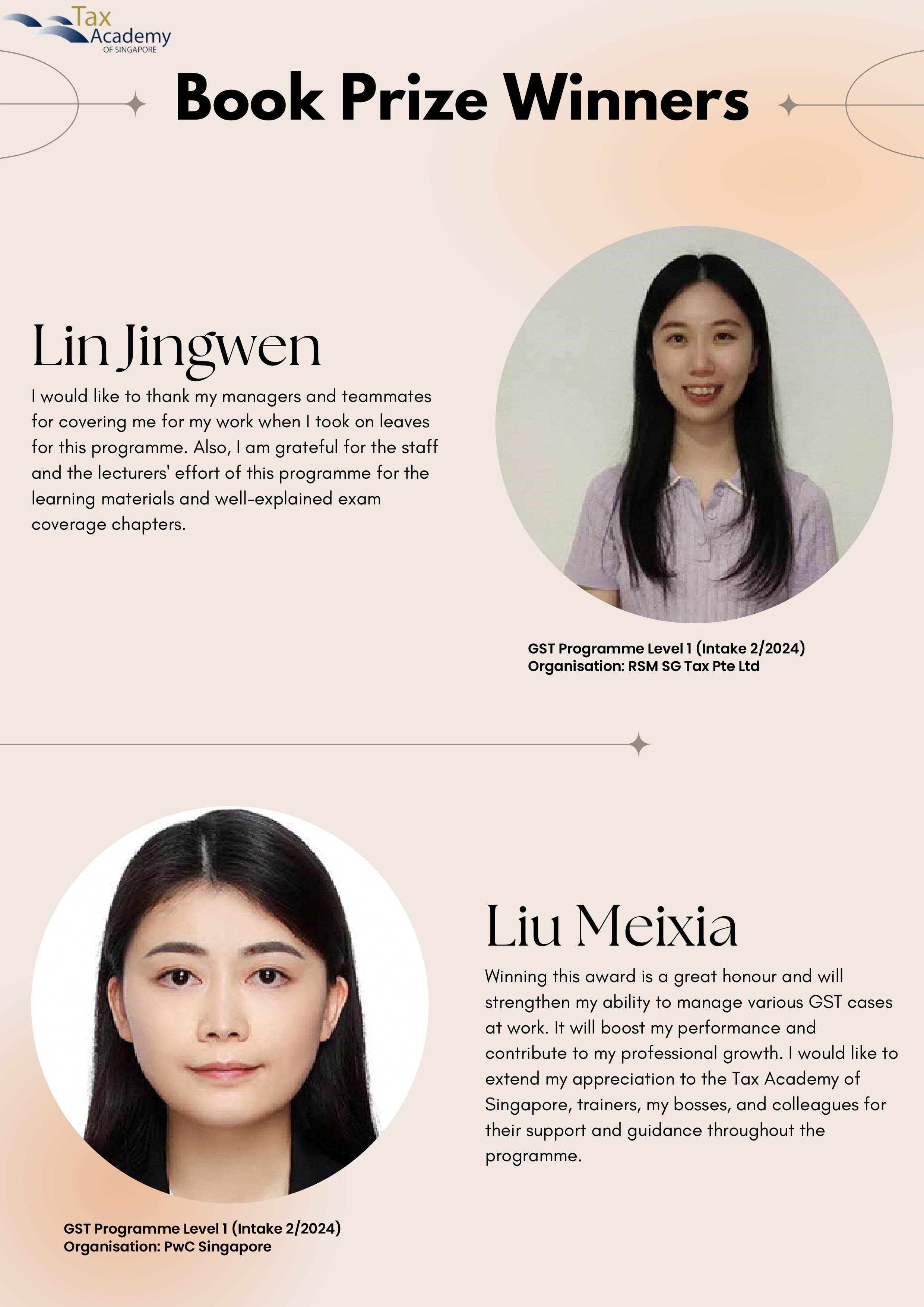 Tax Academy of Singapore Book Prize Winners announcement featuring photos and quotes from Lin Jingwen and Liu Meixia.