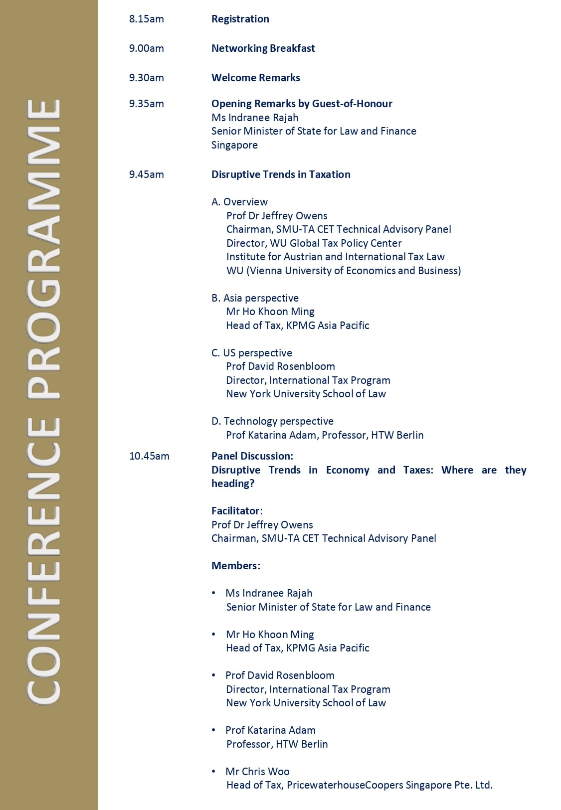 Conference programme schedule listing timed sessions from 8:15am, including registration, breakfast, and panel discussions on taxation trends.