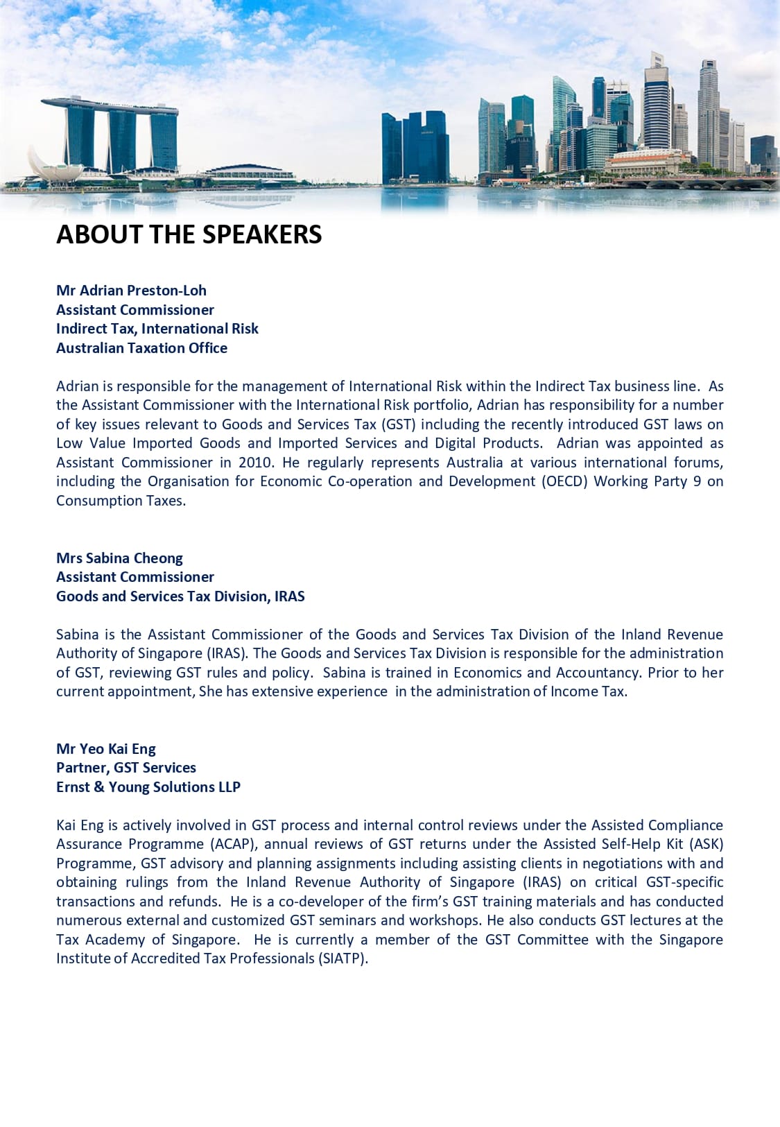 Document titled About The Speakers with Singapore skyline photo at top and bios of three tax professionals.