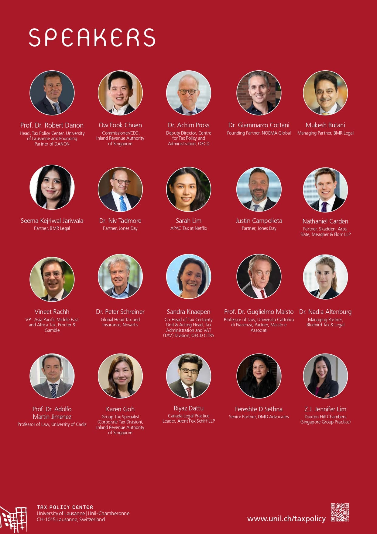 Red poster titled Speakers showing 20 circular headshots of tax policy professionals with names and titles below each.