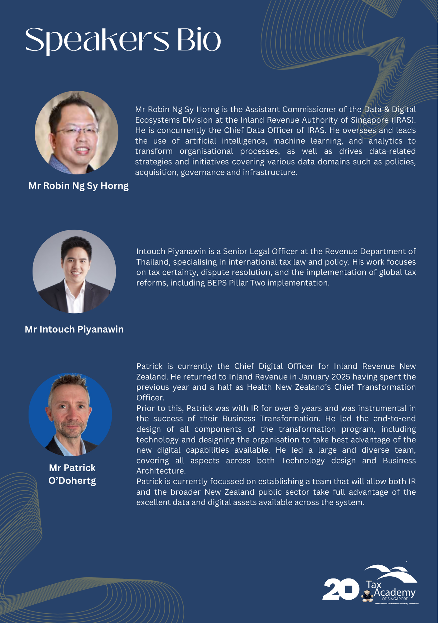 Speakers Bio page listing three professionals with photos and bios on a dark blue background.
