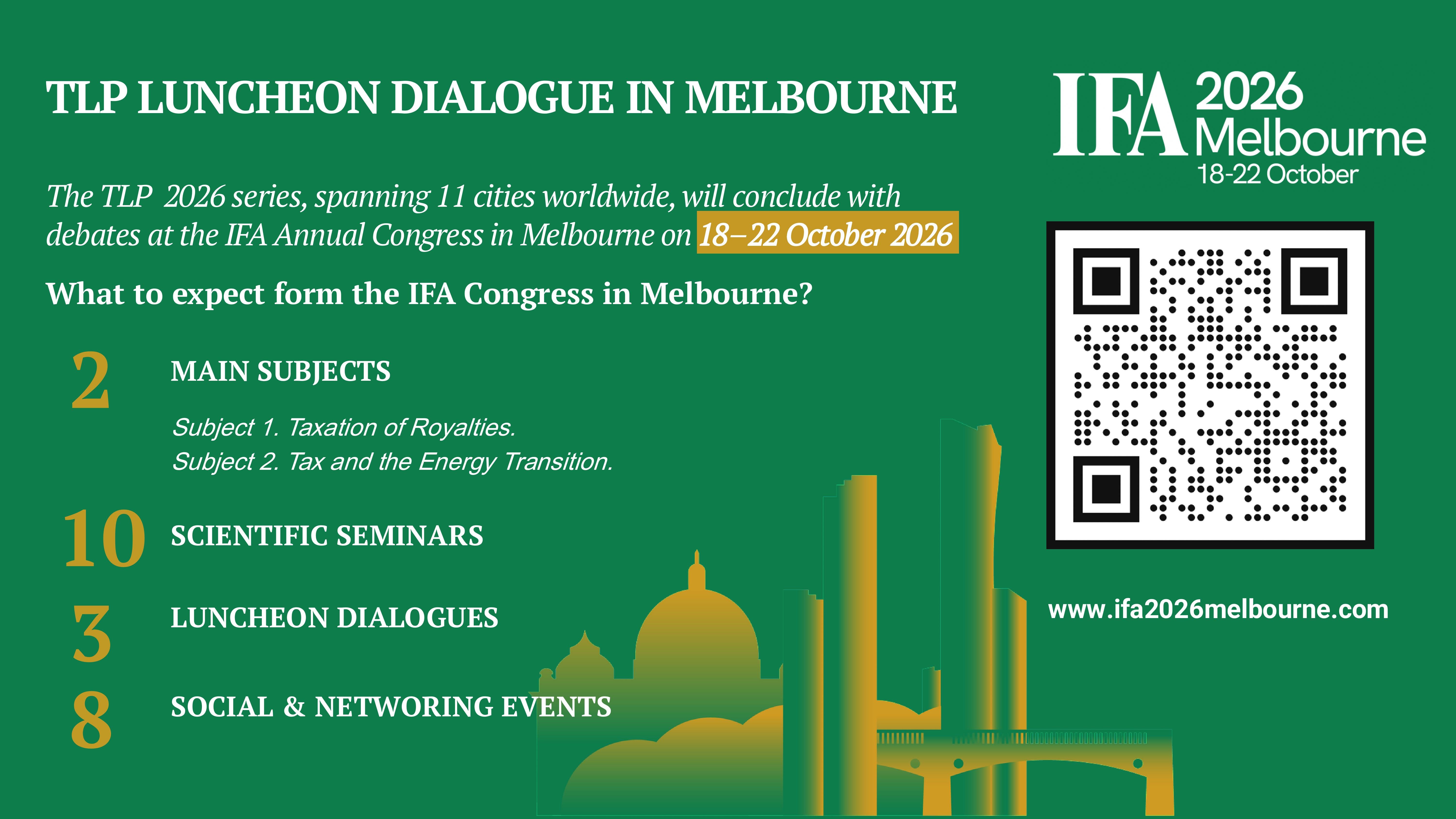 Green banner for IFA 2026 Melbourne Congress, October 18-22, listing subjects, seminars, and a QR code.