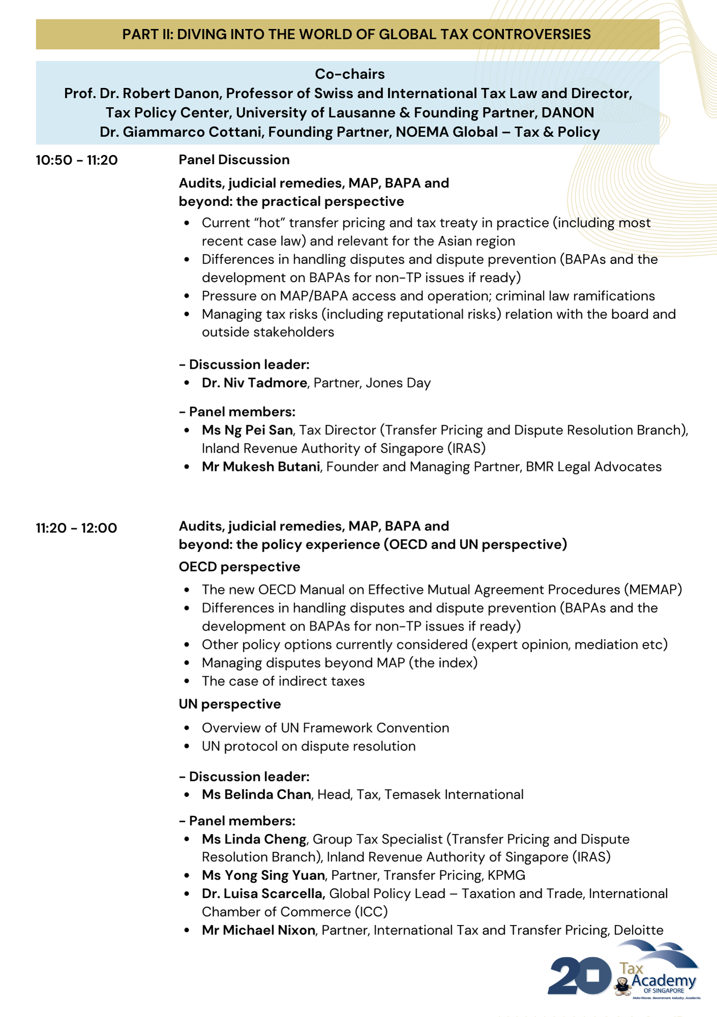 Event agenda for Part II on Global Tax Controversies showing panel sessions, discussion leaders, and members from 10:50 to 12:00.