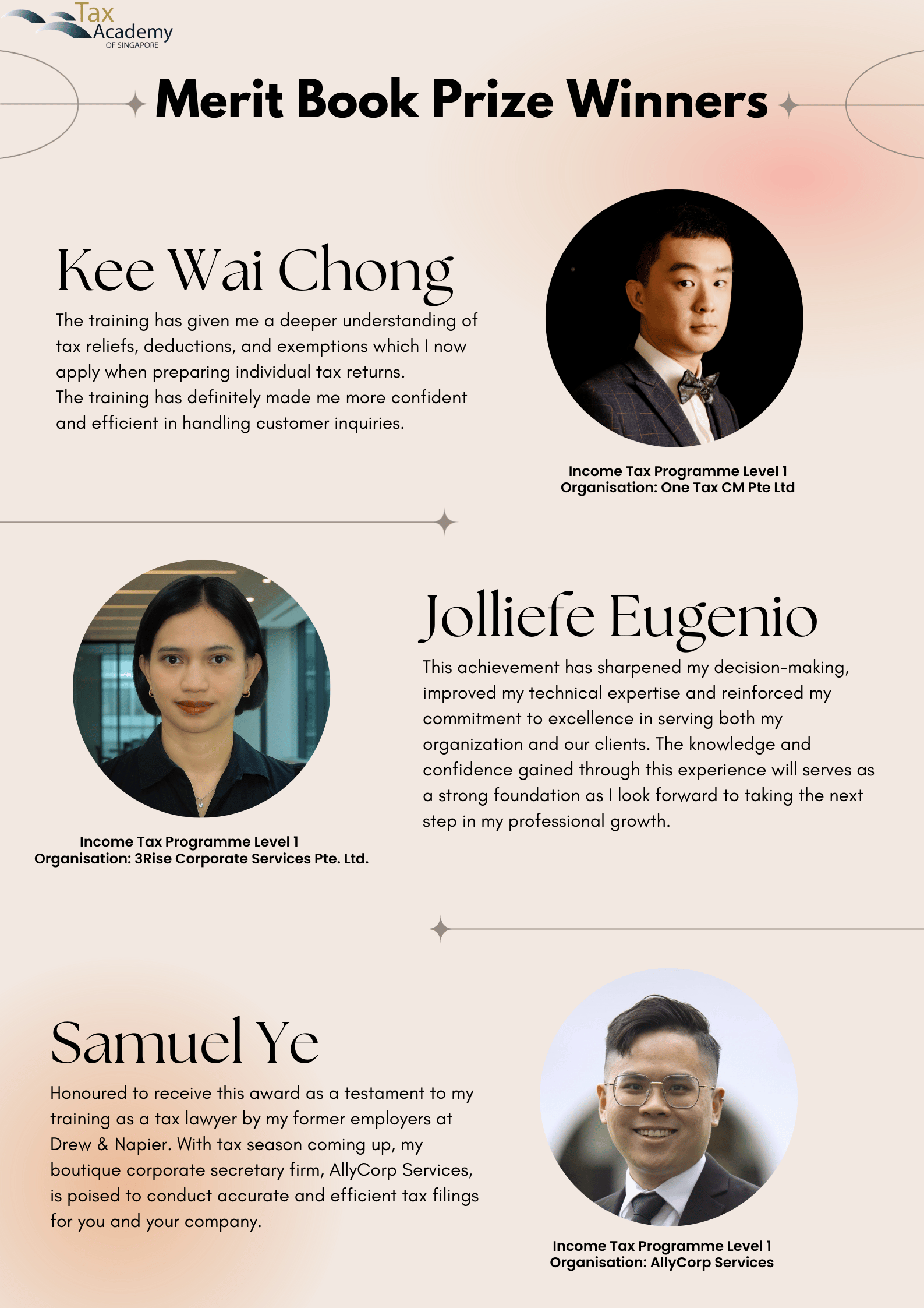 Tax Academy of Singapore Merit Book Prize Winners flyer featuring photos and quotes from three winners.