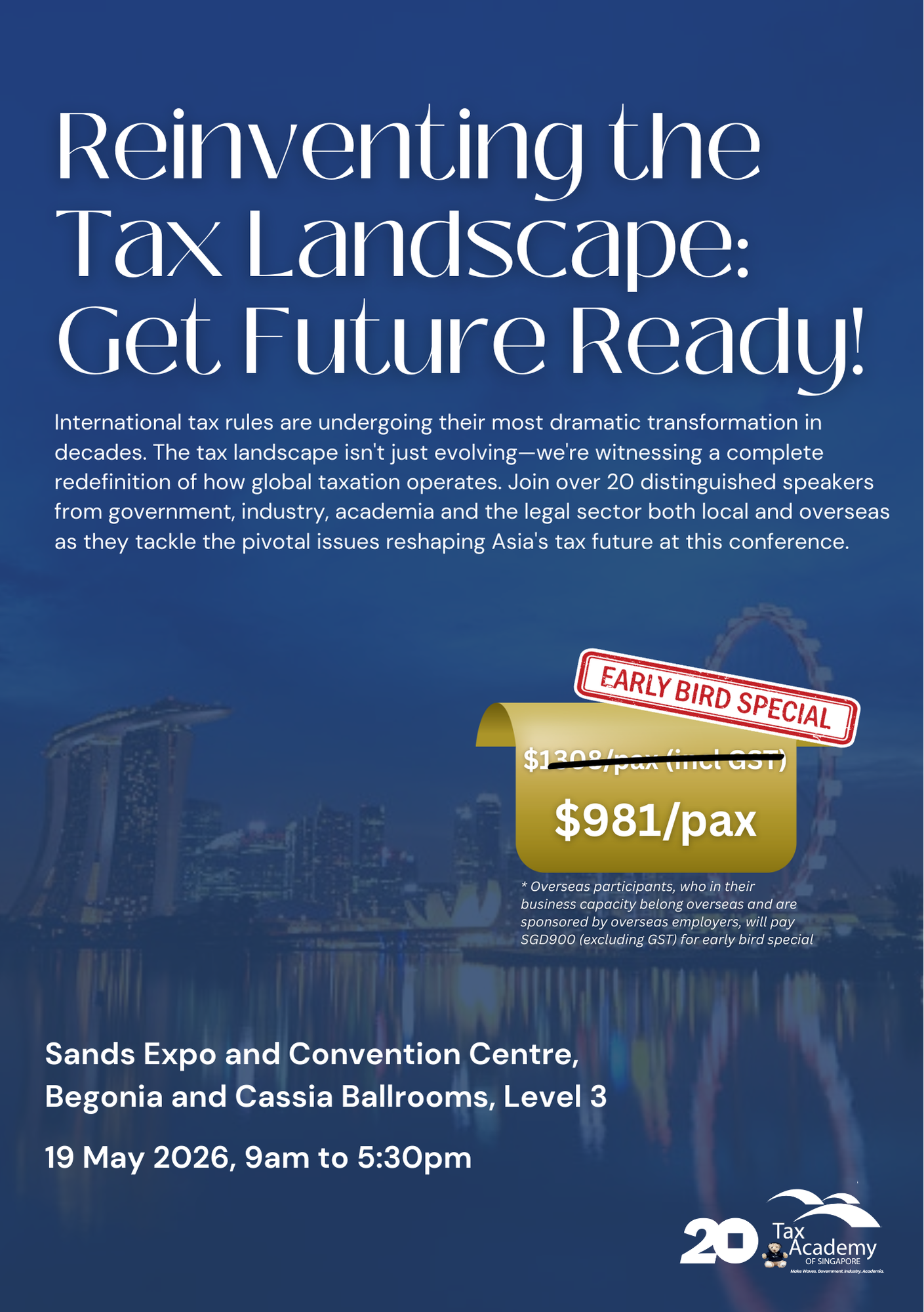 Blue conference flyer for Tax Academy Singapore event on 19 May 2026, with early bird price of $981 per person.