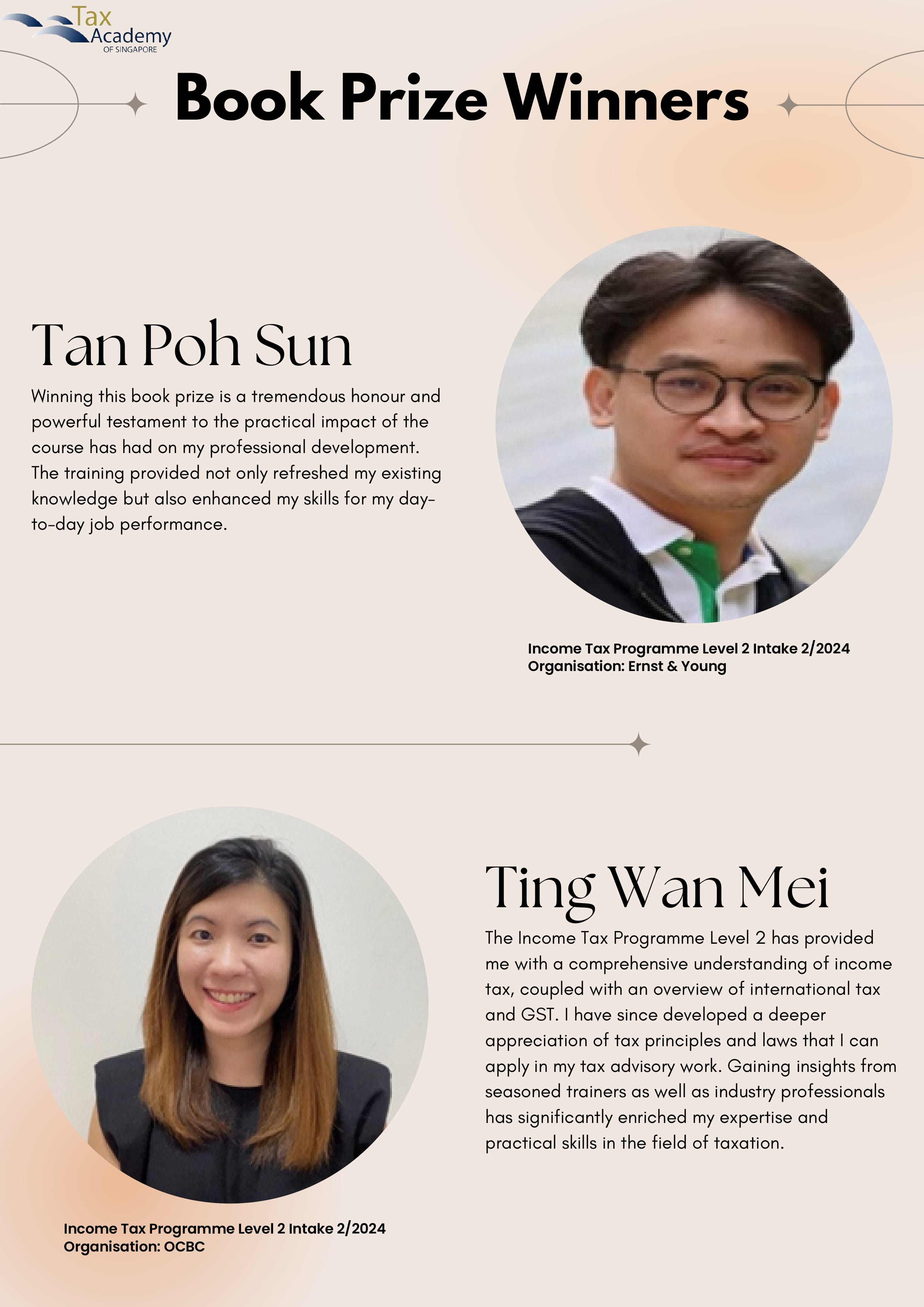 Tax Academy of Singapore Book Prize Winners flyer featuring Tan Poh Sun and Ting Wan Mei with their photos and quotes.