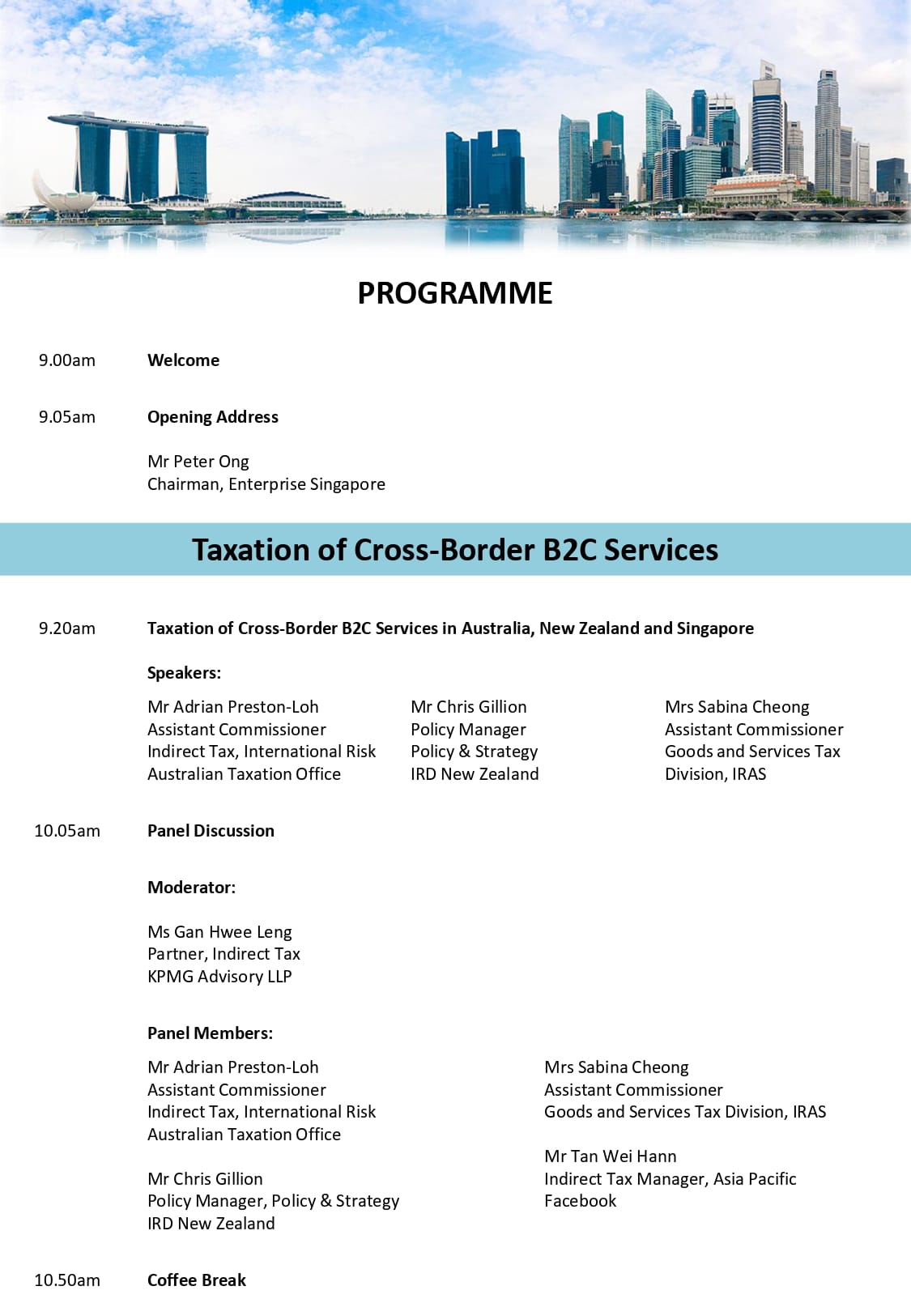 Programme document for Taxation of Cross-Border B2C Services with Singapore skyline photo at the top.