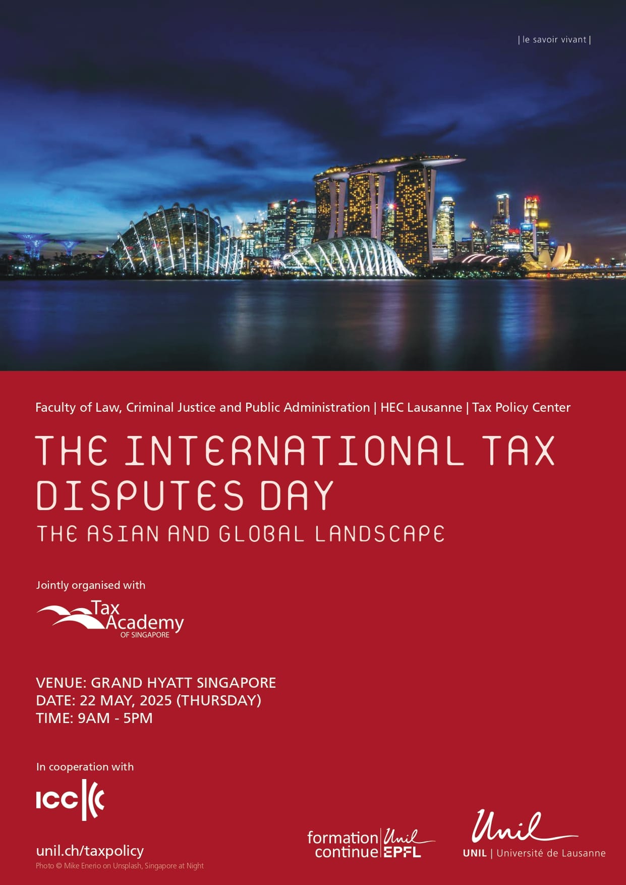 Event flyer for International Tax Disputes Day on 22 May 2025 at Grand Hyatt Singapore, with a nighttime Singapore skyline.