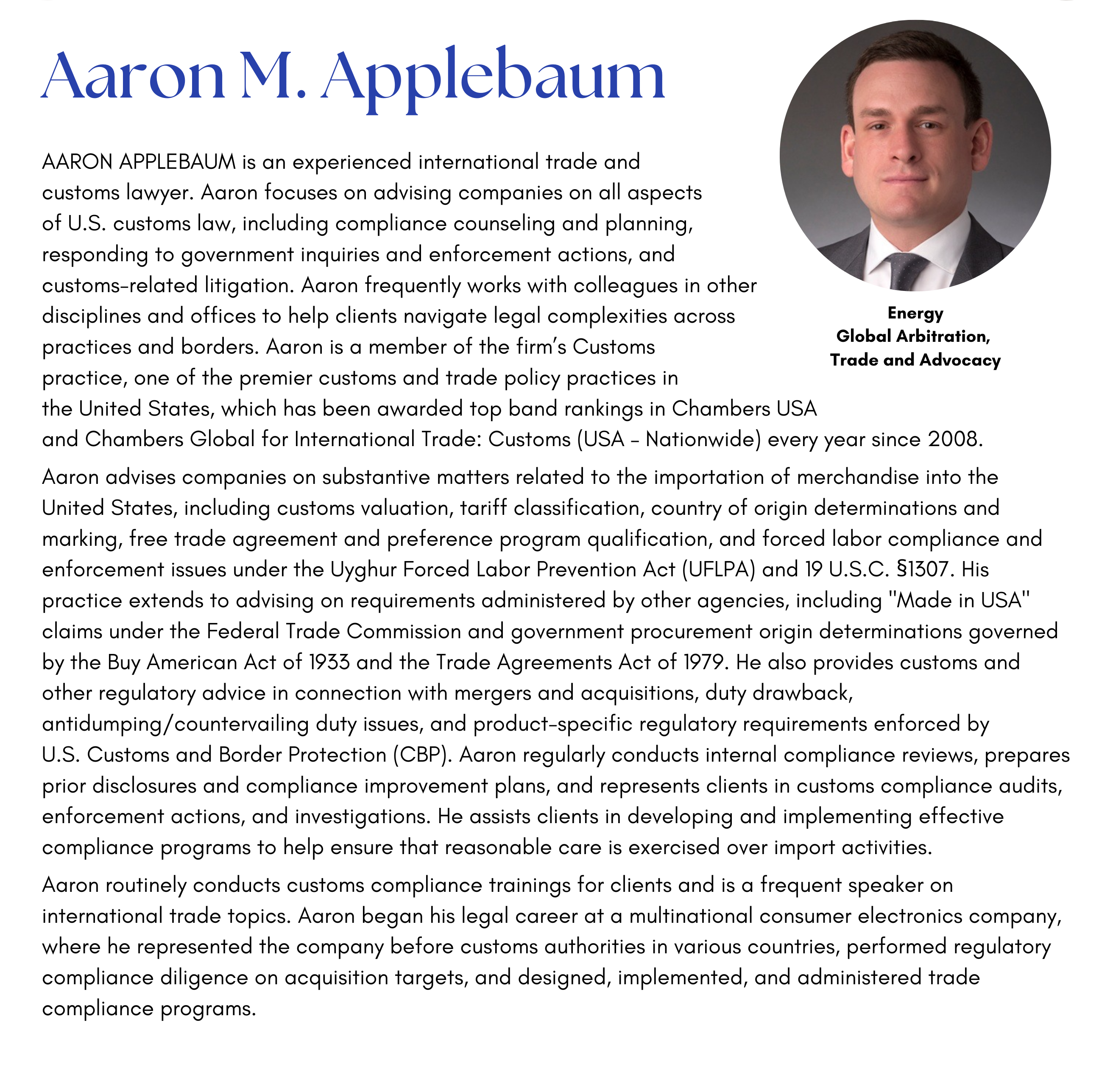 Professional profile of Aaron M. Applebaum, an international trade lawyer, with his headshot and biographical text.