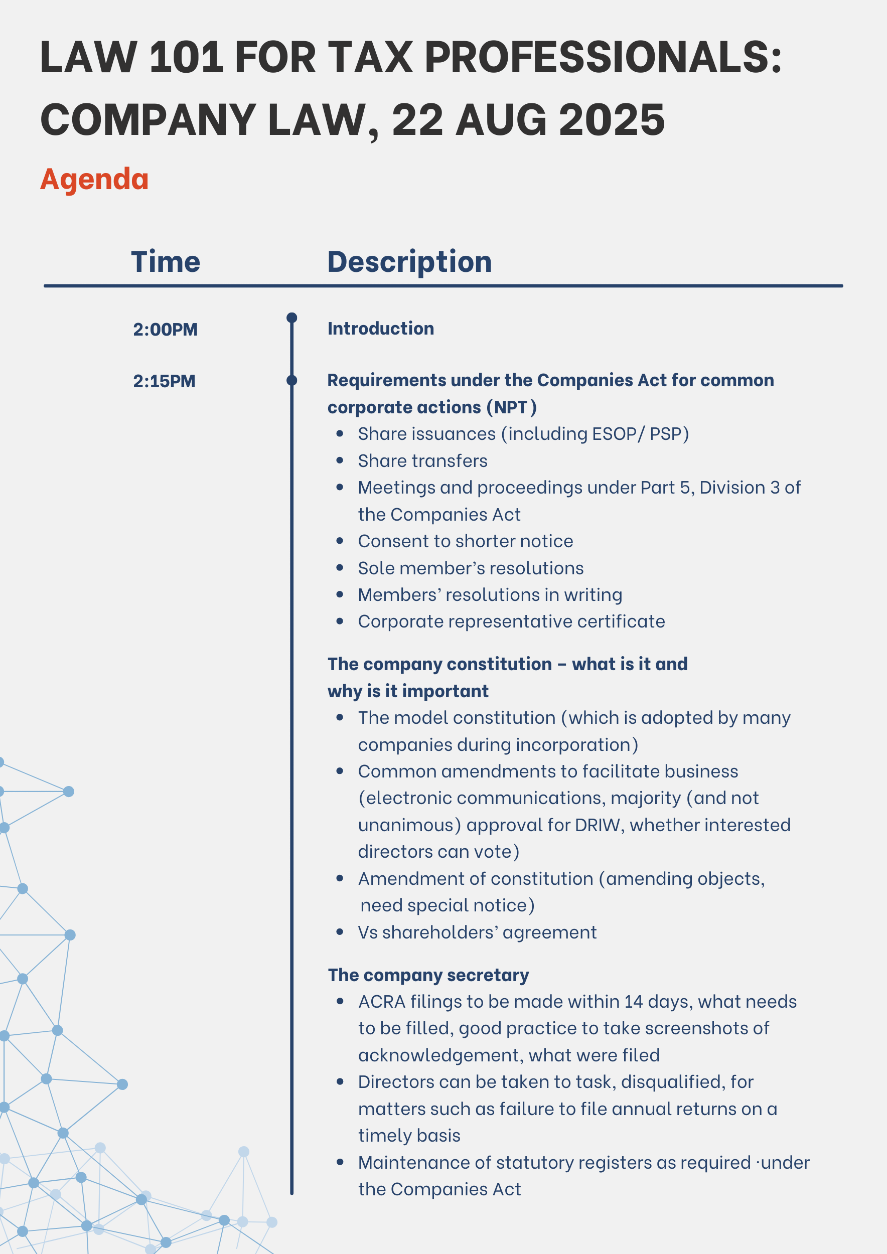 Agenda for Law 101 for Tax Professionals: Company Law event on 22 Aug 2025 with timed session details.