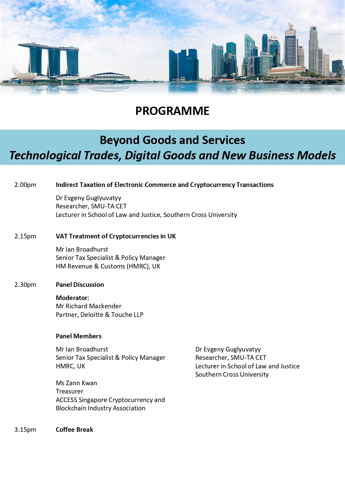 Programme document titled Beyond Goods and Services with a Singapore skyline photo at the top, listing timed sessions and speakers.