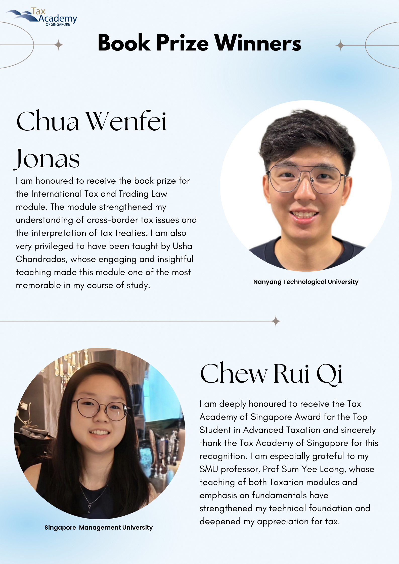 Tax Academy of Singapore Book Prize Winners flyer featuring photos and quotes from Chua Wenfei Jonas and Chew Rui Qi.