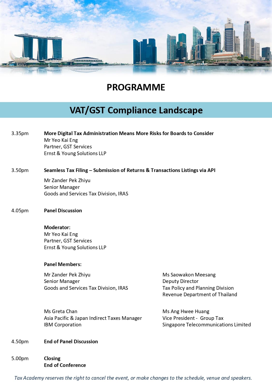 Programme agenda for VAT/GST Compliance Landscape conference with timed sessions, speakers, and panel members listed below a Singapore skyline photo.