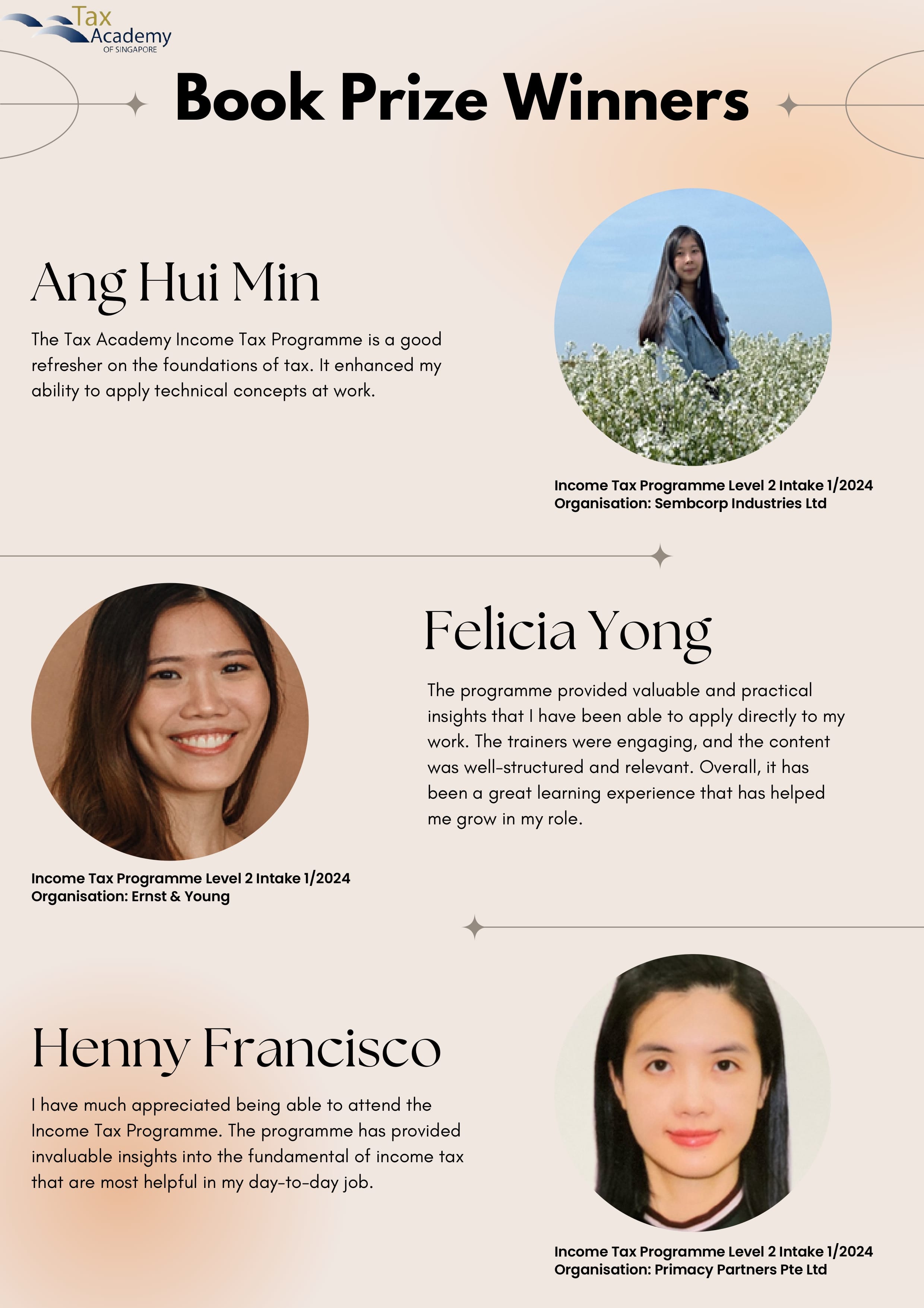 Tax Academy of Singapore Book Prize Winners flyer featuring photos and quotes from Ang Hui Min, Felicia Yong, and Henny Francisco.