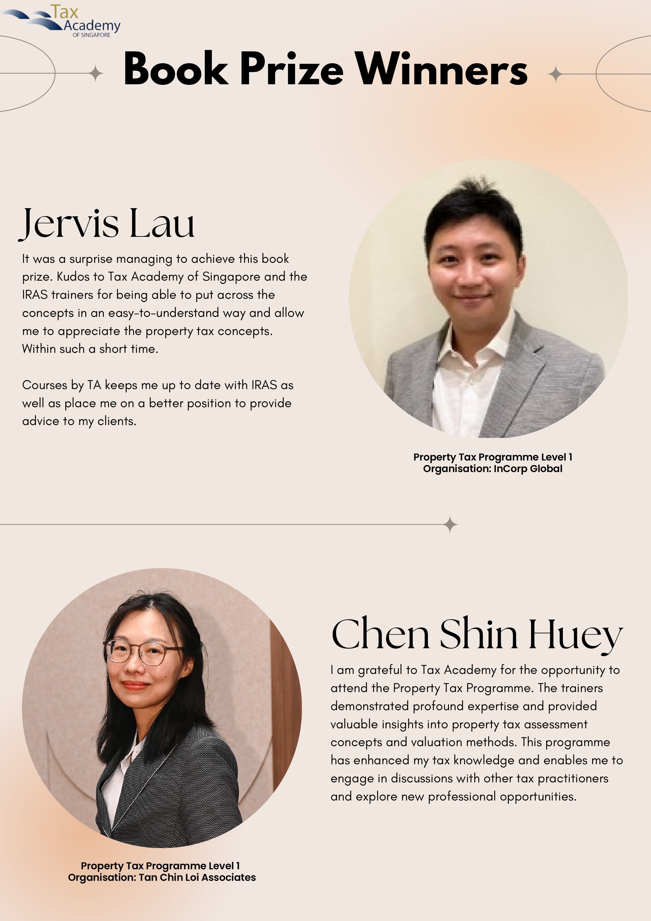 Tax Academy of Singapore Book Prize Winners flyer featuring Jervis Lau and Chen Shin Huey with their photos and quotes.