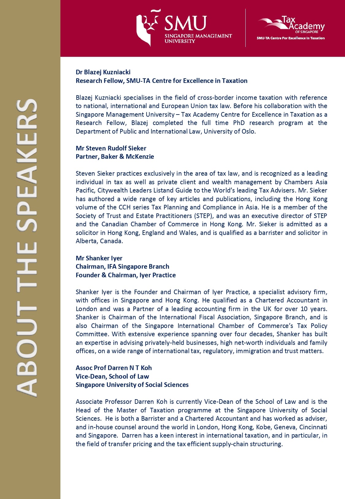 Speaker bios page from SMU and Tax Academy of Singapore listing four taxation experts with their titles and descriptions.