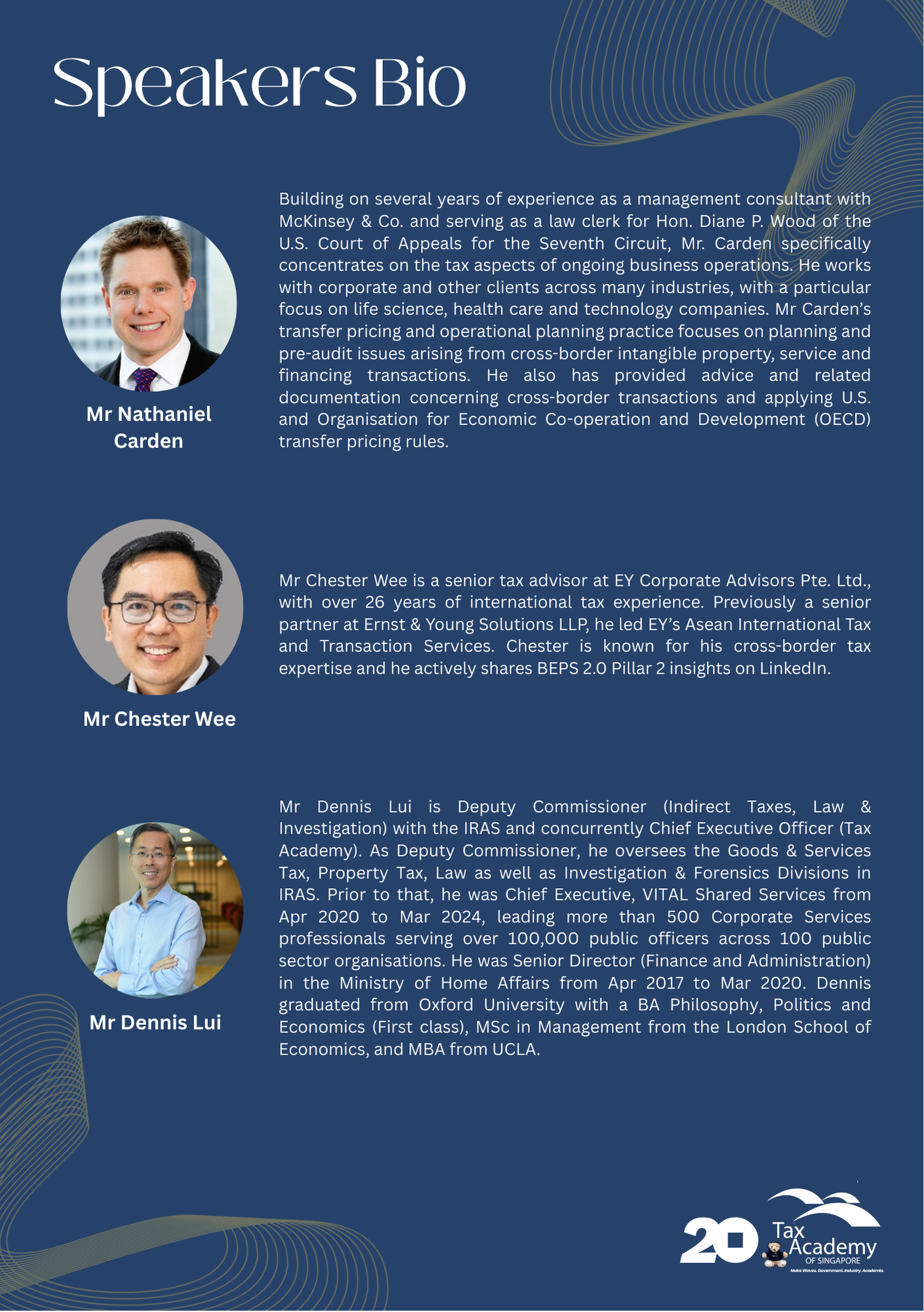 Speakers Bio page showing photos and bios of Mr Nathaniel Carden, Mr Chester Wee, and Mr Dennis Lui.