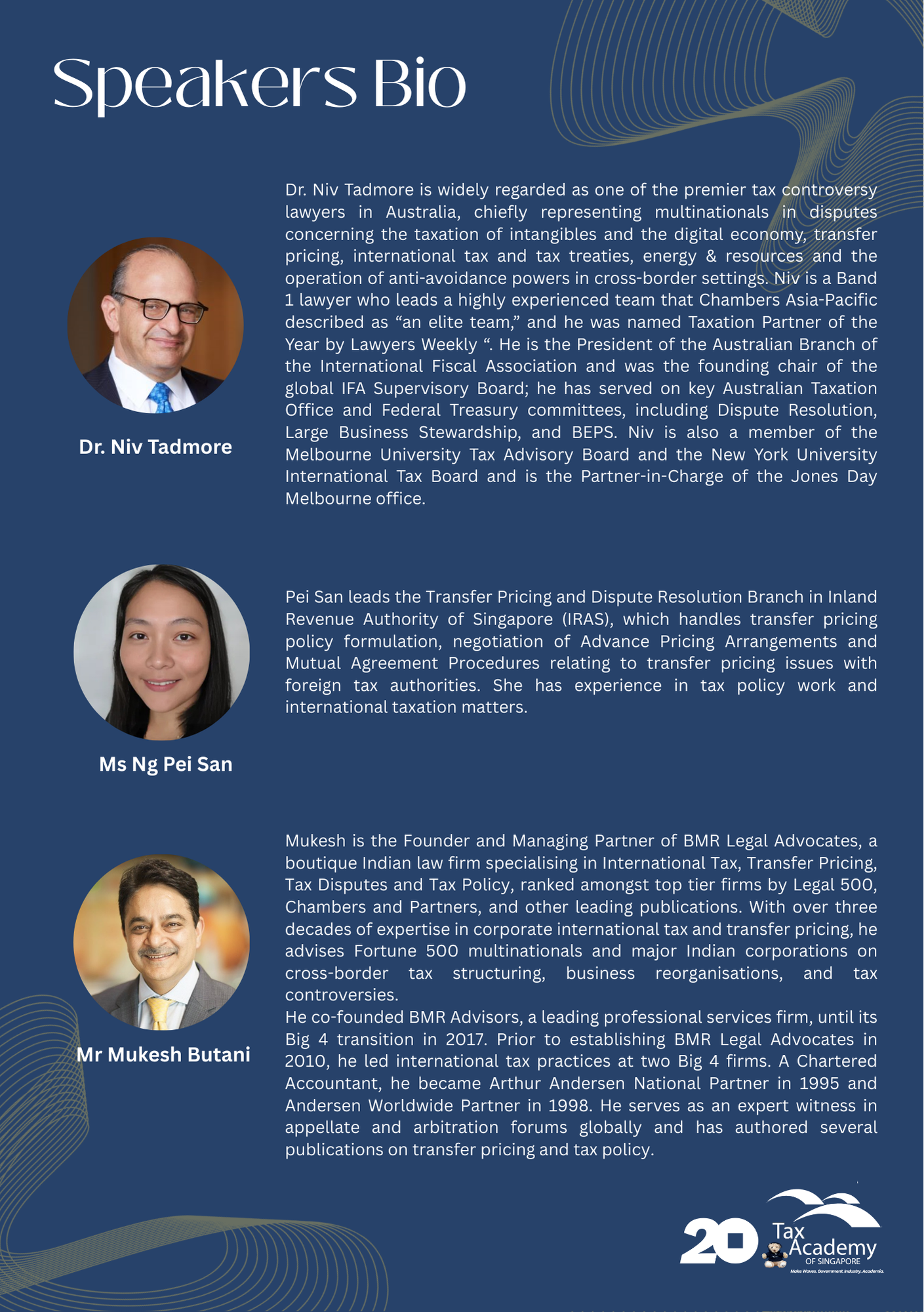 Speakers Bio page featuring photos and bios of Dr. Niv Tadmore, Ms Ng Pei San, and Mr Mukesh Butani.