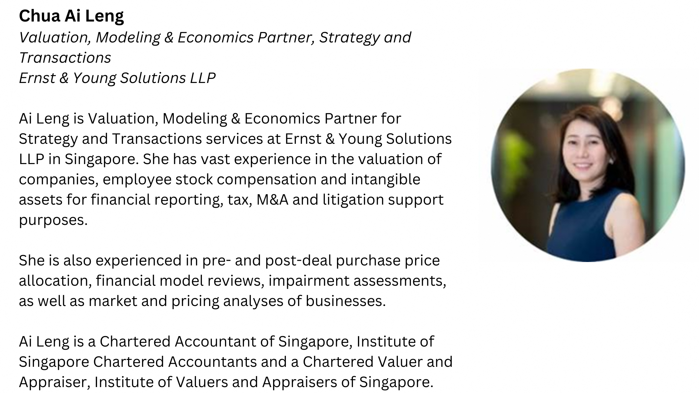 Profile of Chua Ai Leng, EY partner, with a circular headshot of a smiling woman in a navy top.