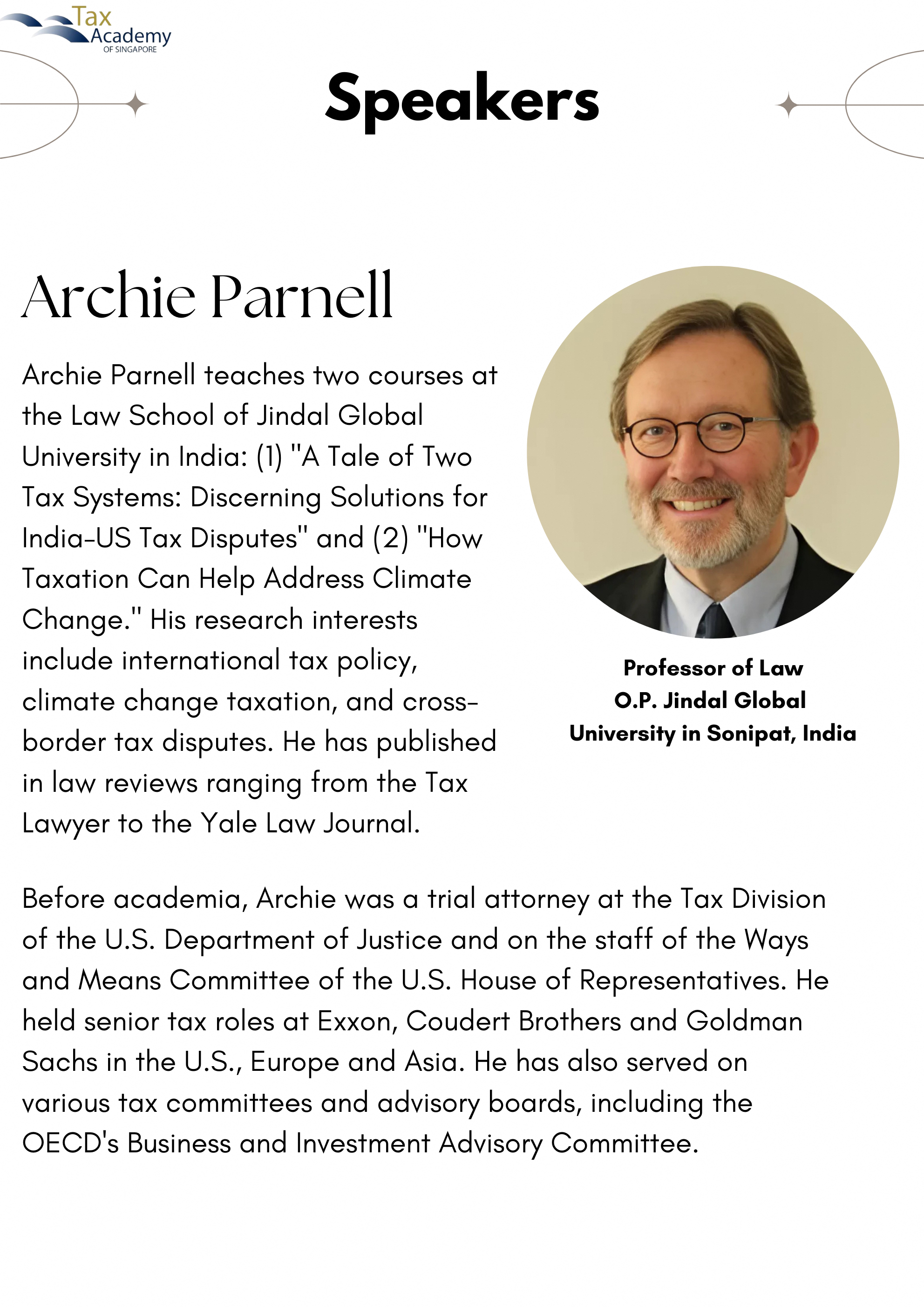 Speaker profile of Archie Parnell, a smiling man with glasses and a beard, listed as Professor of Law at O.P. Jindal Global University.