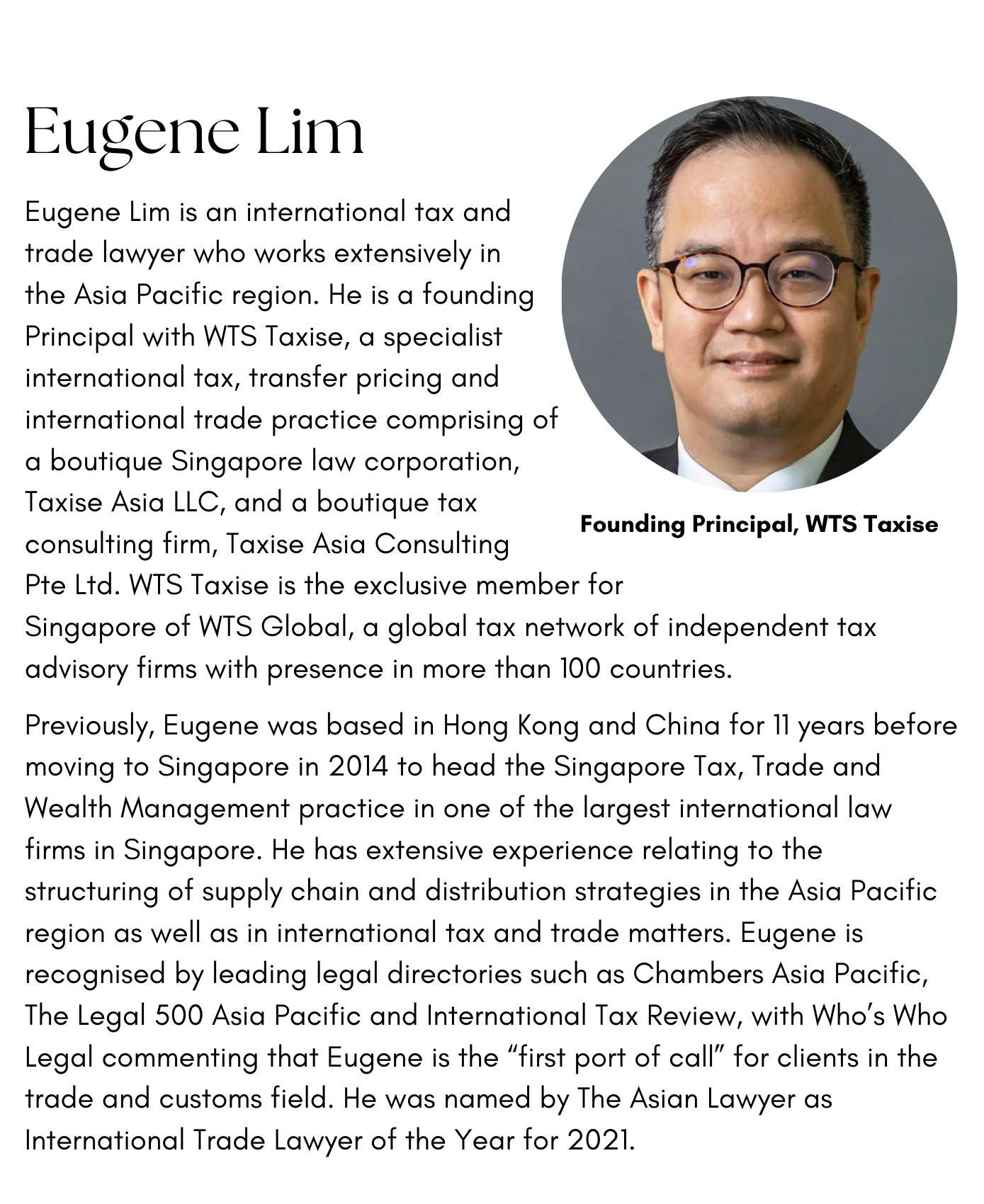 Eugene Lim, a man wearing glasses and a suit, shown in a circular headshot beside his professional biography text.