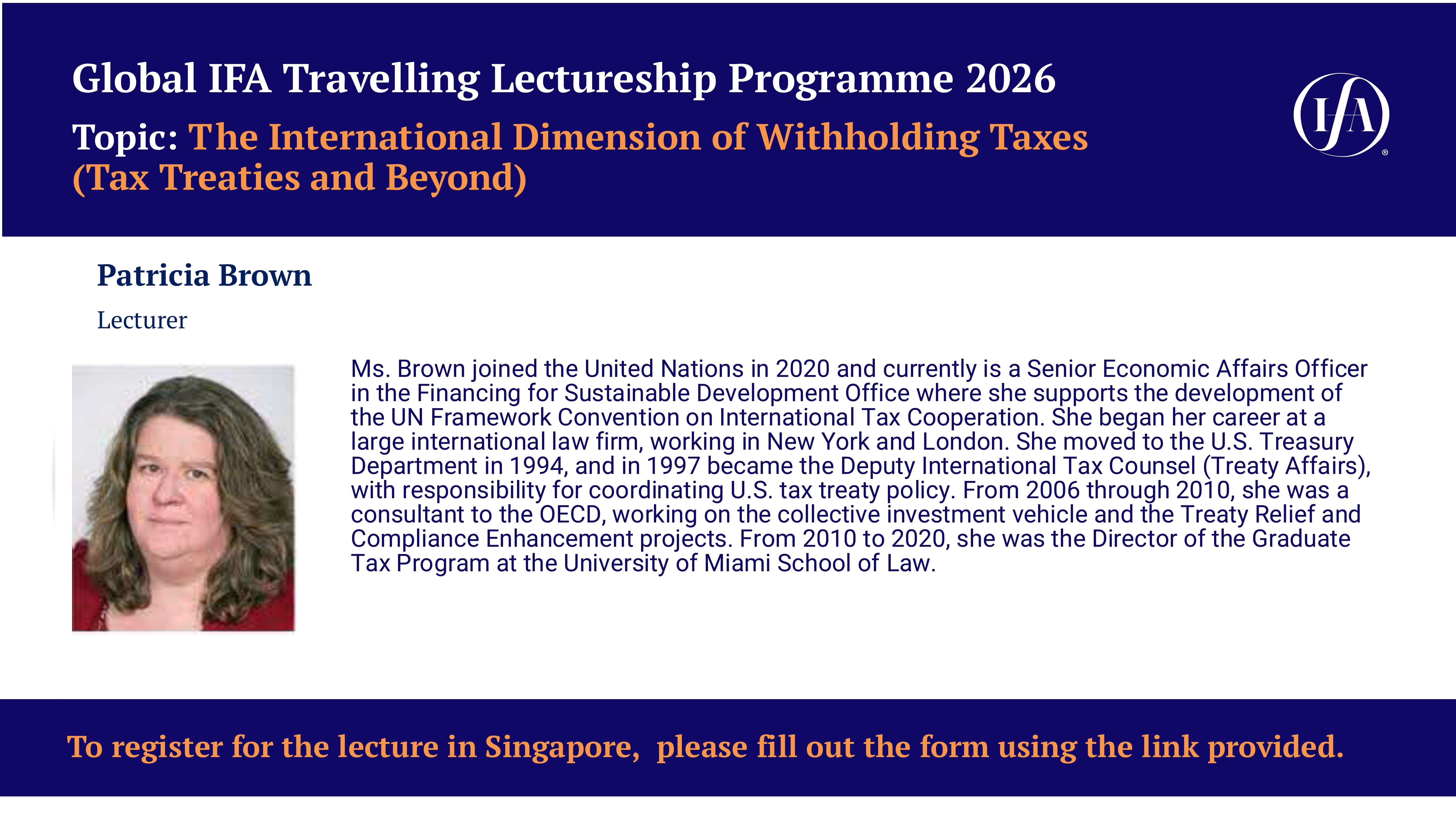 Promotional flyer for Global IFA Travelling Lectureship Programme 2026 featuring lecturer Patricia Brown's photo and biography.