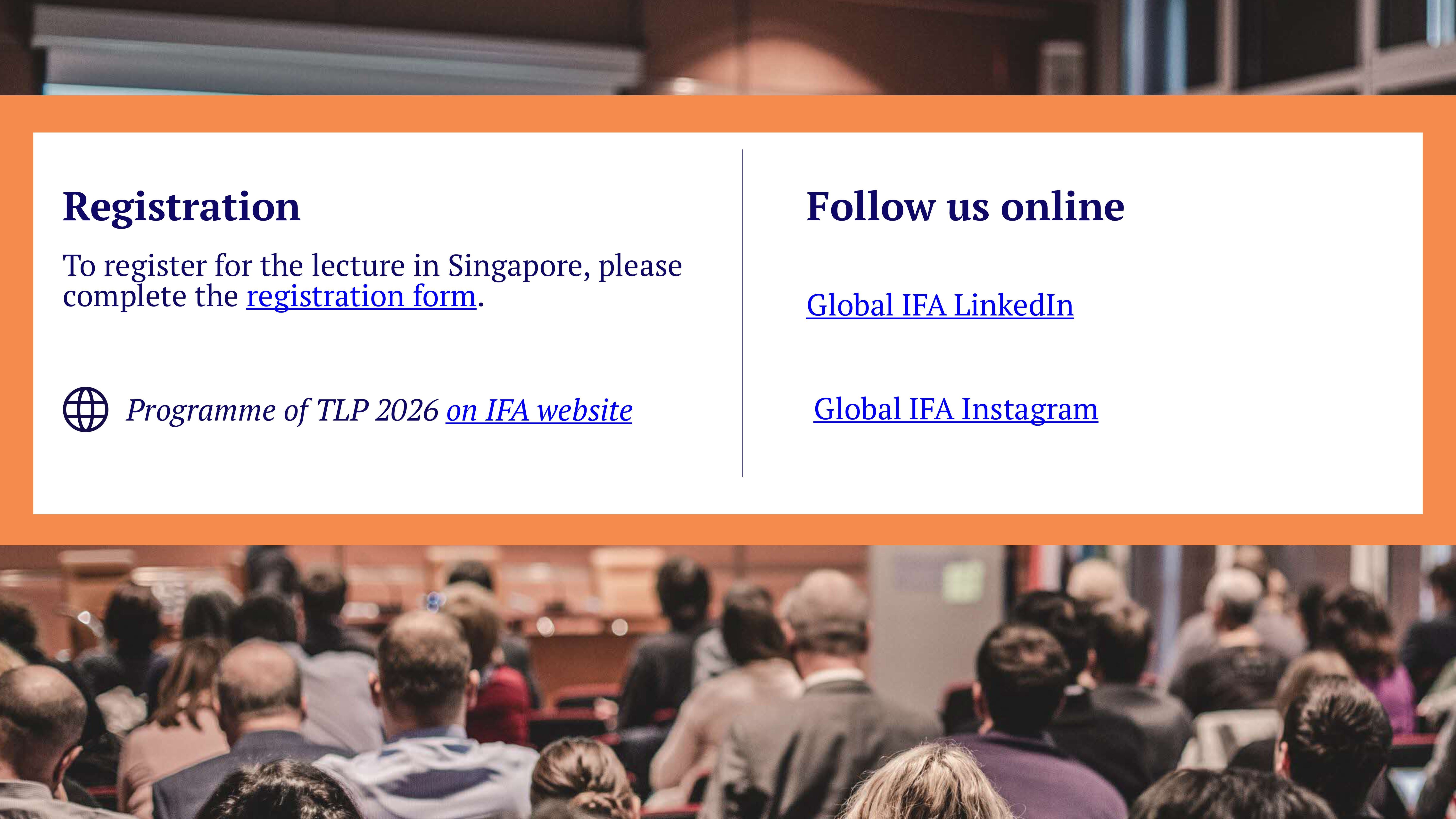 IFA event banner with registration info for Singapore lecture and social media links, over a crowd photo.
