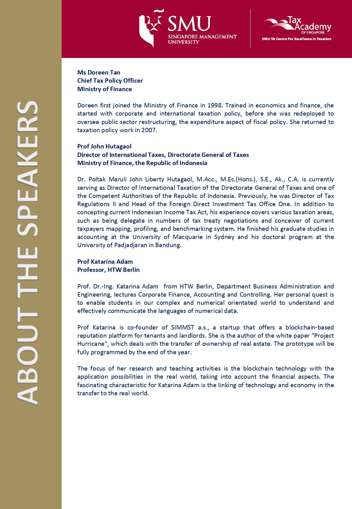 Speaker bios page from SMU and Tax Academy featuring profiles of three tax and finance professionals.