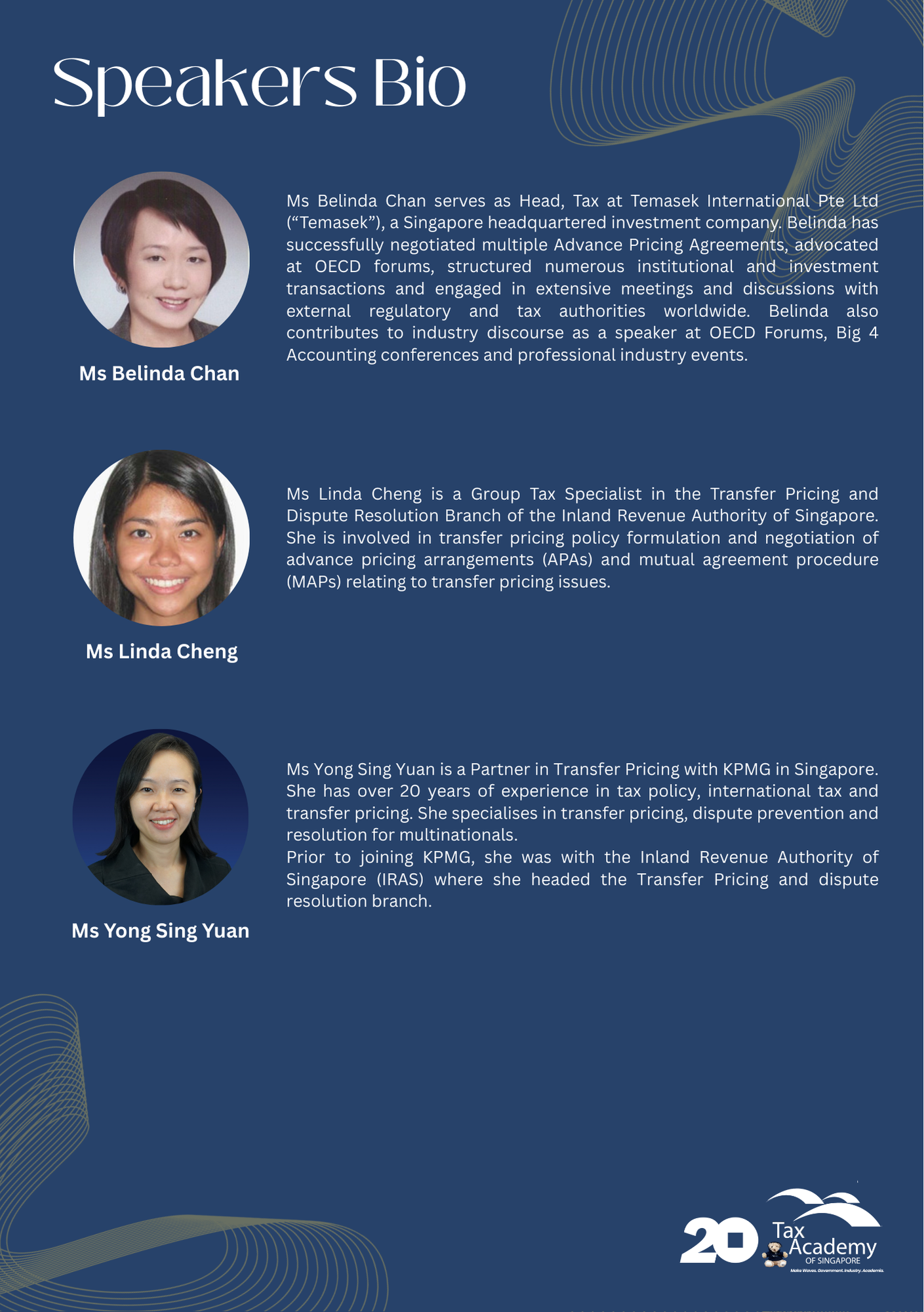 Speakers Bio page showing photos and bios of three women: Ms Belinda Chan, Ms Linda Cheng, and Ms Yong Sing Yuan.