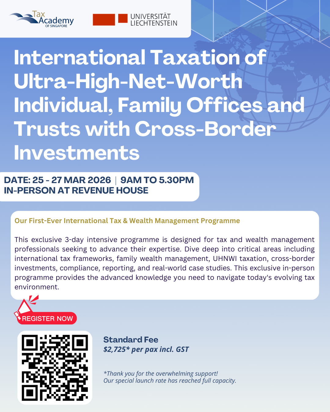 Flyer for a 3-day tax programme on 25-27 Mar 2026 at Revenue House, priced at $2,725 per pax.
