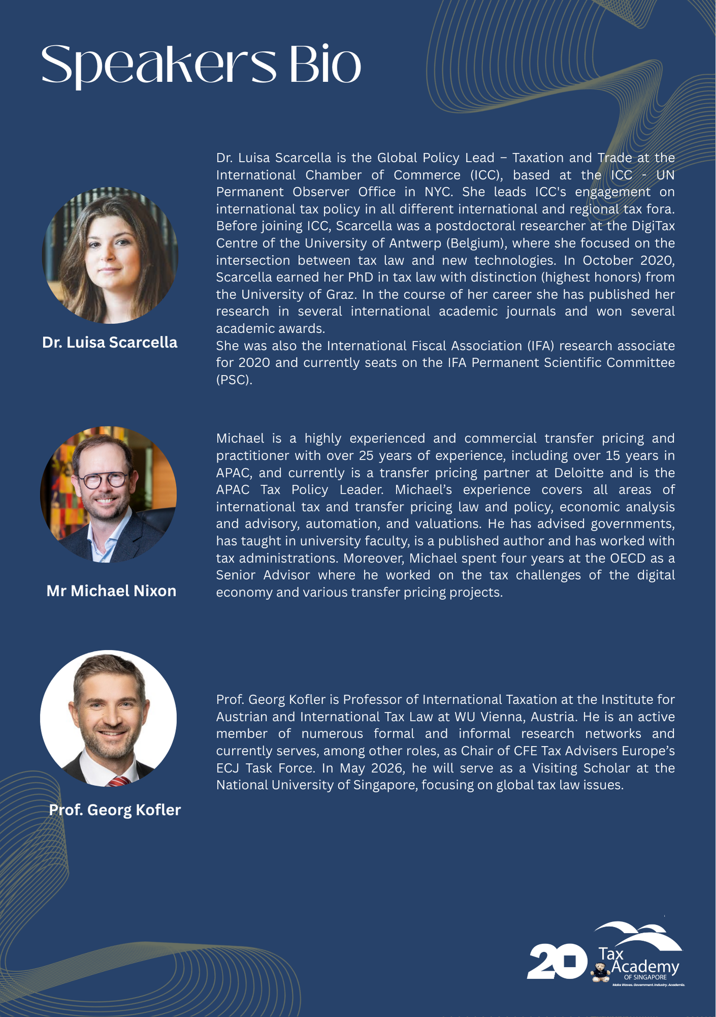 Speakers Bio page showing photos and bios of Dr. Luisa Scarcella, Mr Michael Nixon, and Prof. Georg Kofler.