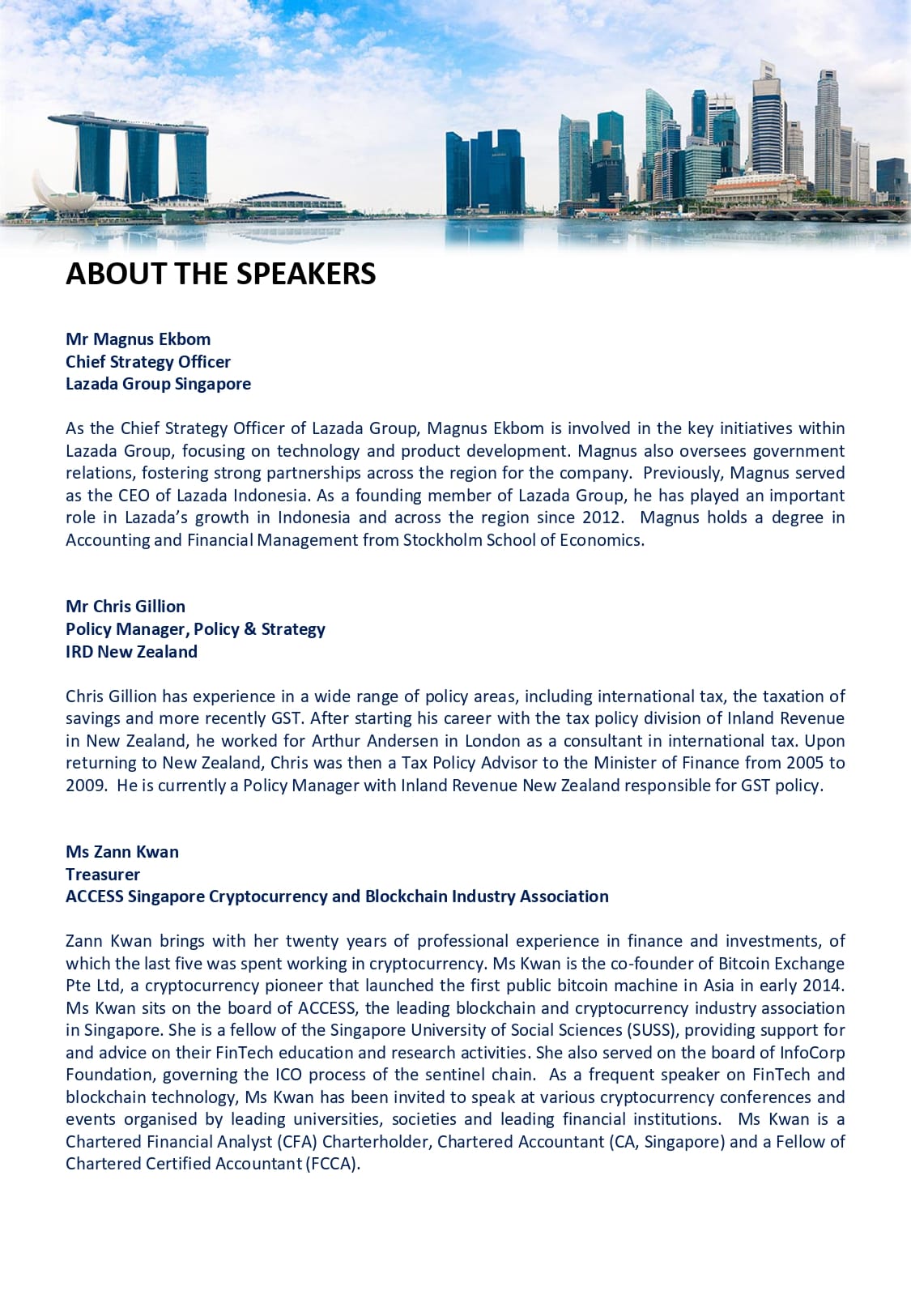 Document titled About The Speakers with Singapore skyline at top and bios for three speakers below.