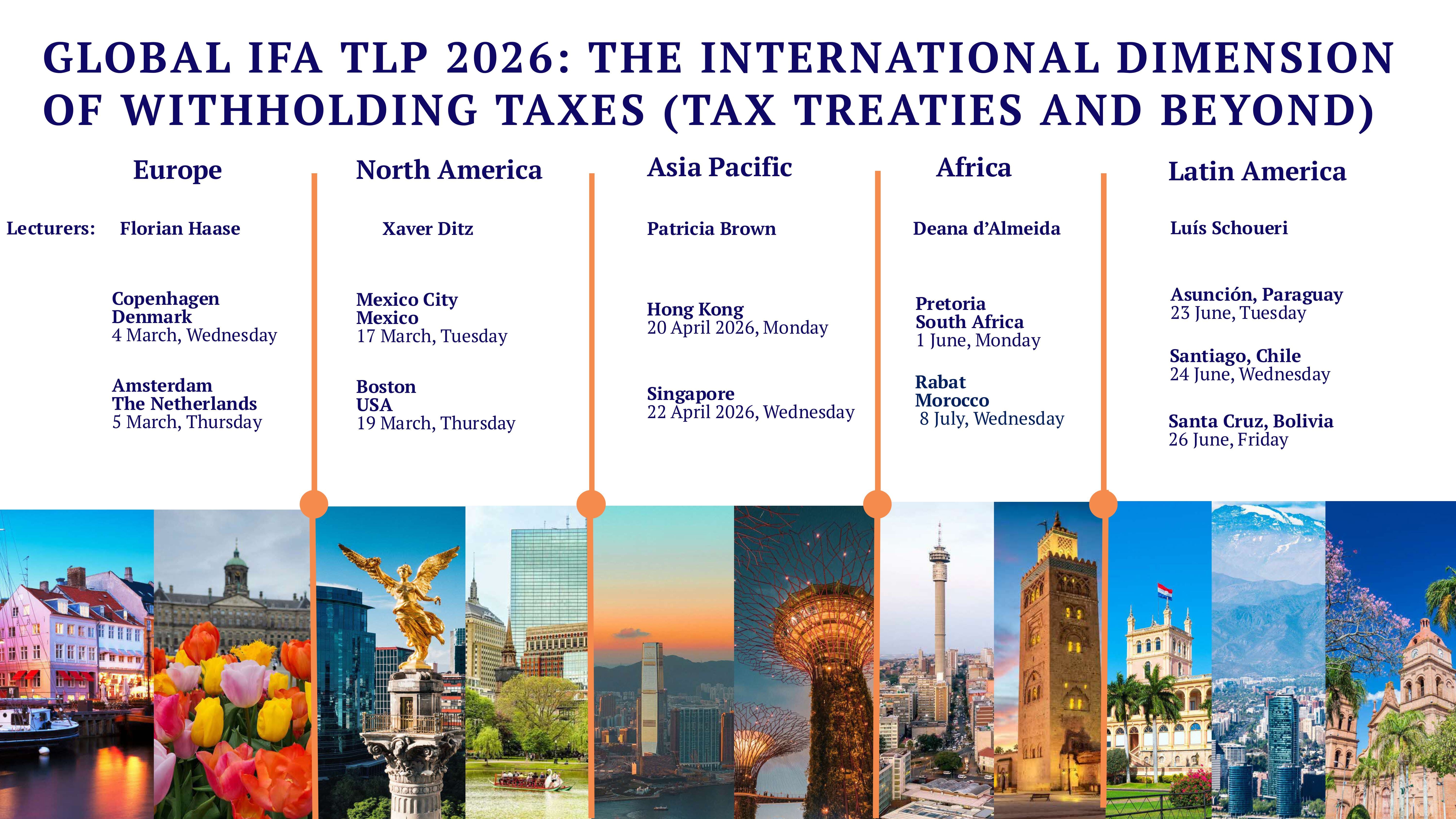 Flyer for Global IFA TLP 2026 on withholding taxes listing lecturers and event dates across five world regions.