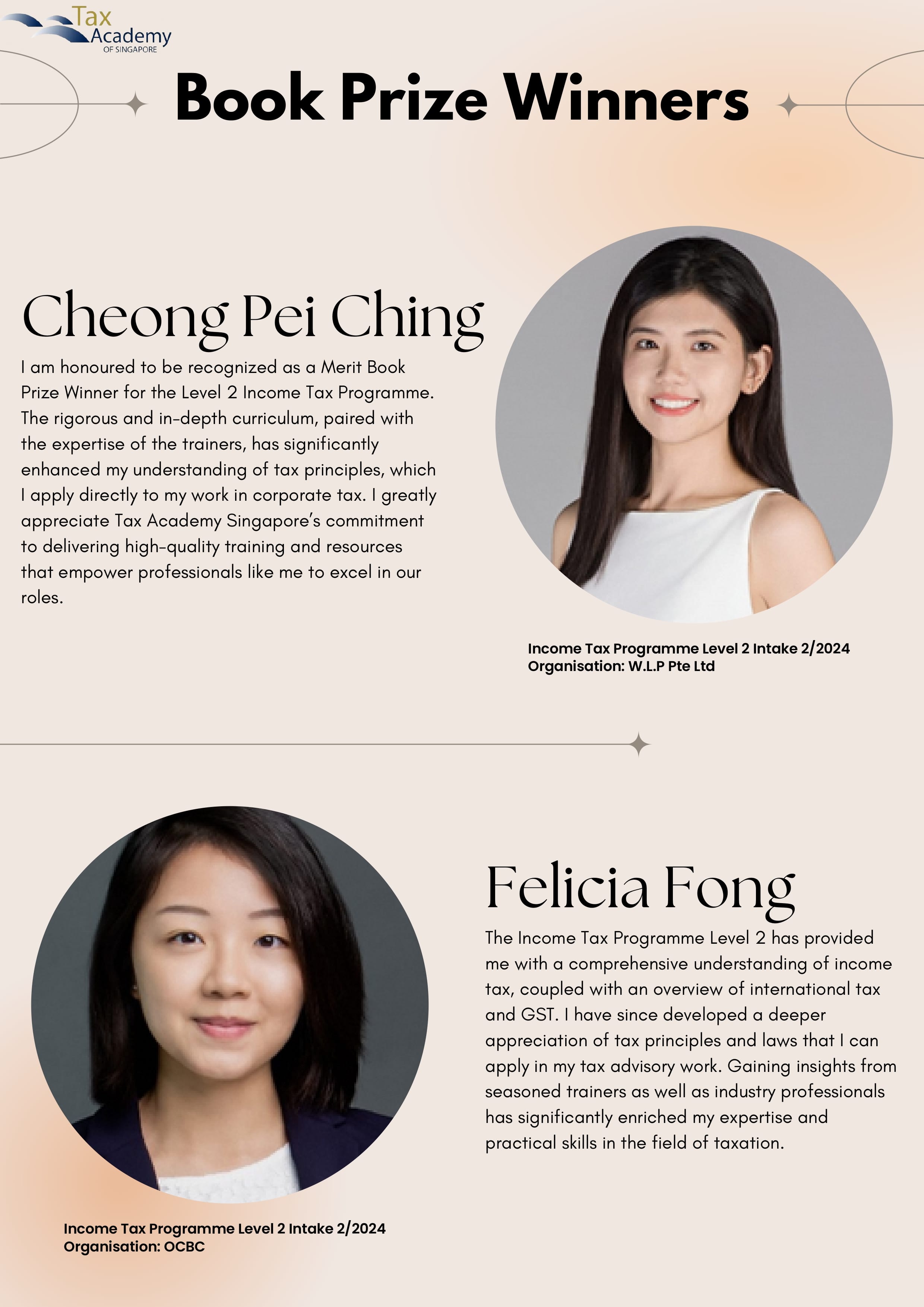 Tax Academy of Singapore Book Prize Winners flyer featuring photos and quotes from Cheong Pei Ching and Felicia Fong.