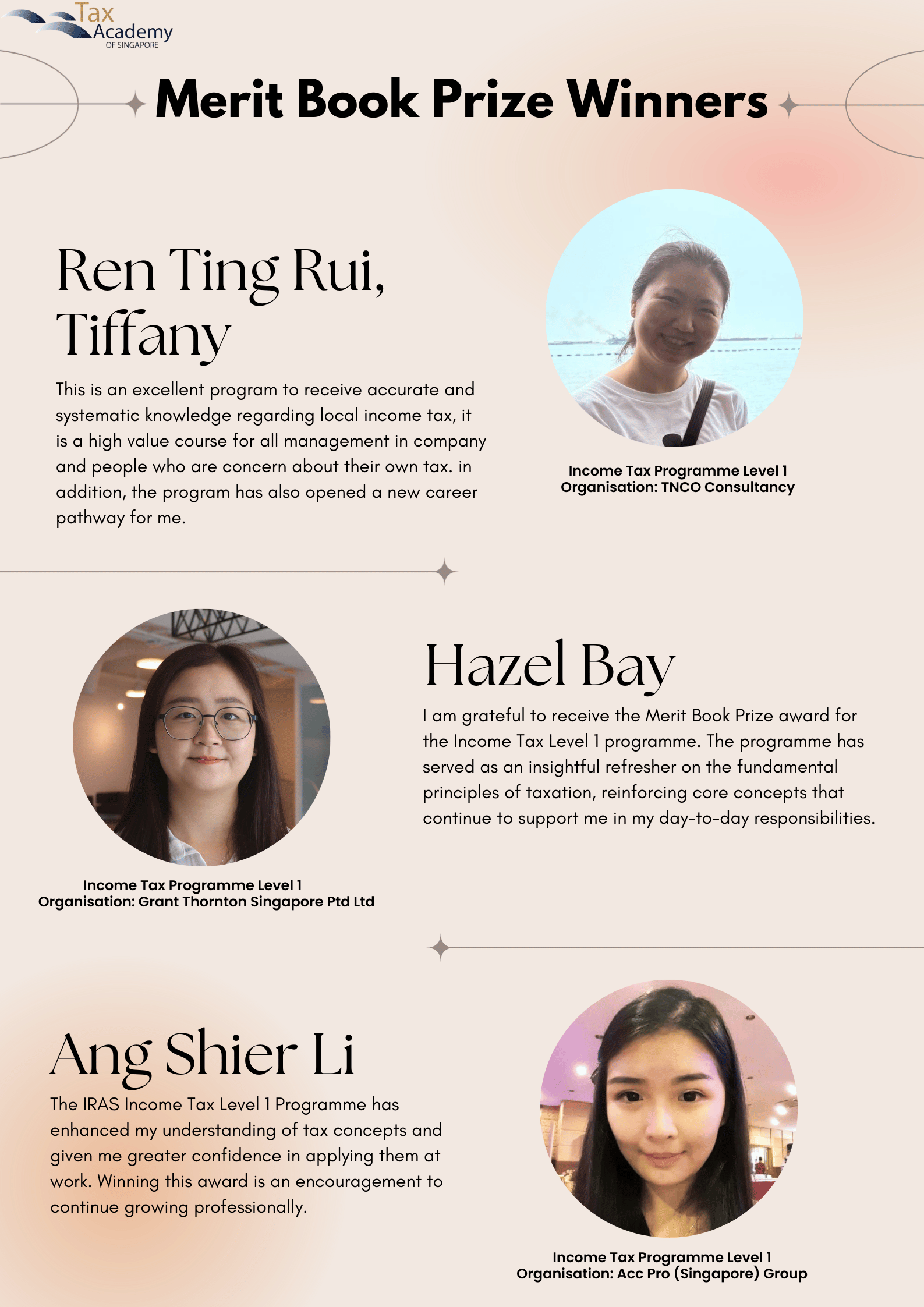 Tax Academy of Singapore Merit Book Prize Winners flyer featuring photos and quotes from three winners.