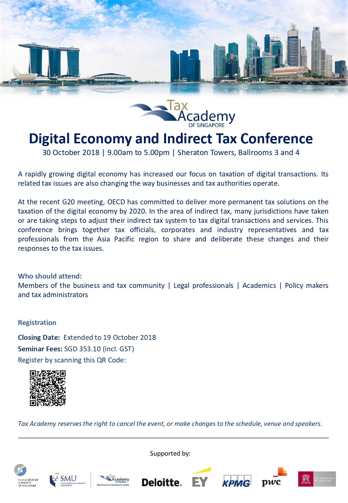 Flyer for Tax Academy of Singapore's Digital Economy and Indirect Tax Conference on 30 October 2018.