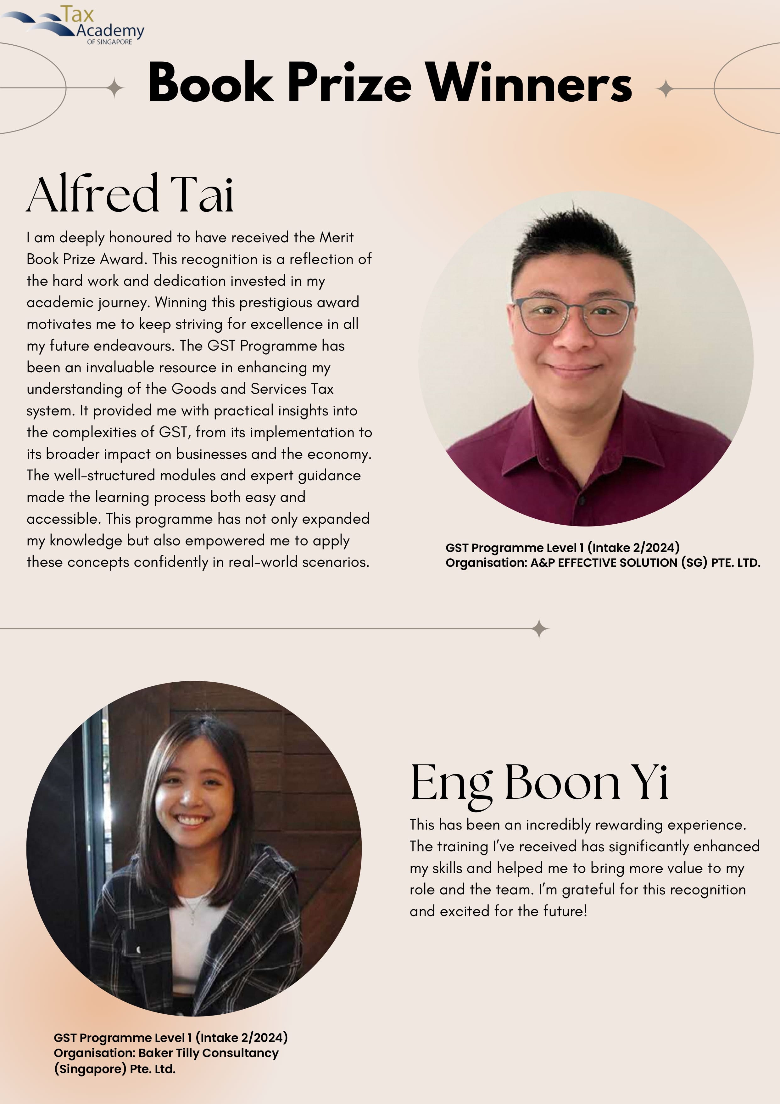 Tax Academy of Singapore Book Prize Winners flyer featuring Alfred Tai and Eng Boon Yi with their photos and quotes.