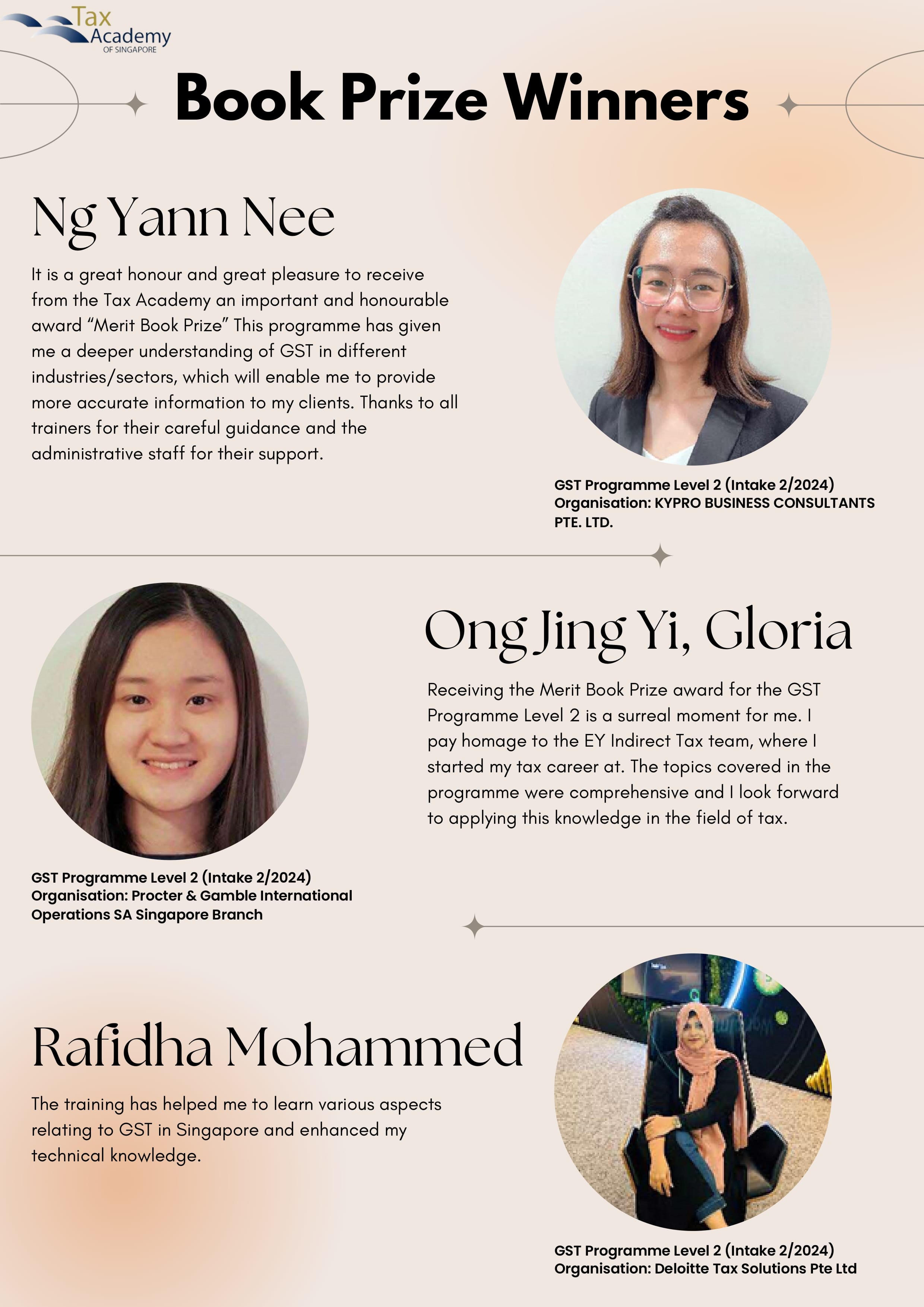 Tax Academy of Singapore Book Prize Winners flyer featuring photos and quotes from three female award recipients.