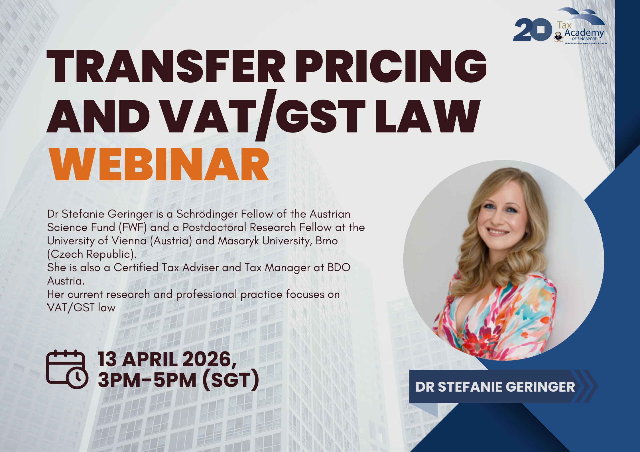 Promotional flyer for a Transfer Pricing and VAT/GST Law Webinar featuring Dr Stefanie Geringer on 13 April 2026.