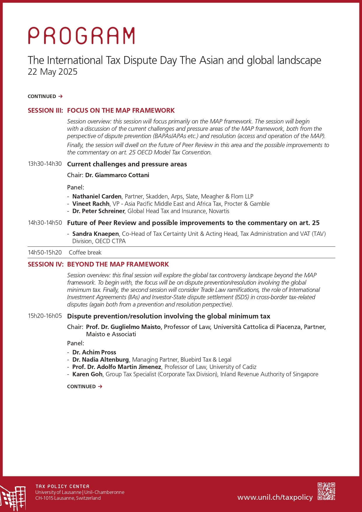 Program page for International Tax Dispute Day on 22 May 2025, listing sessions III and IV with speakers and times.