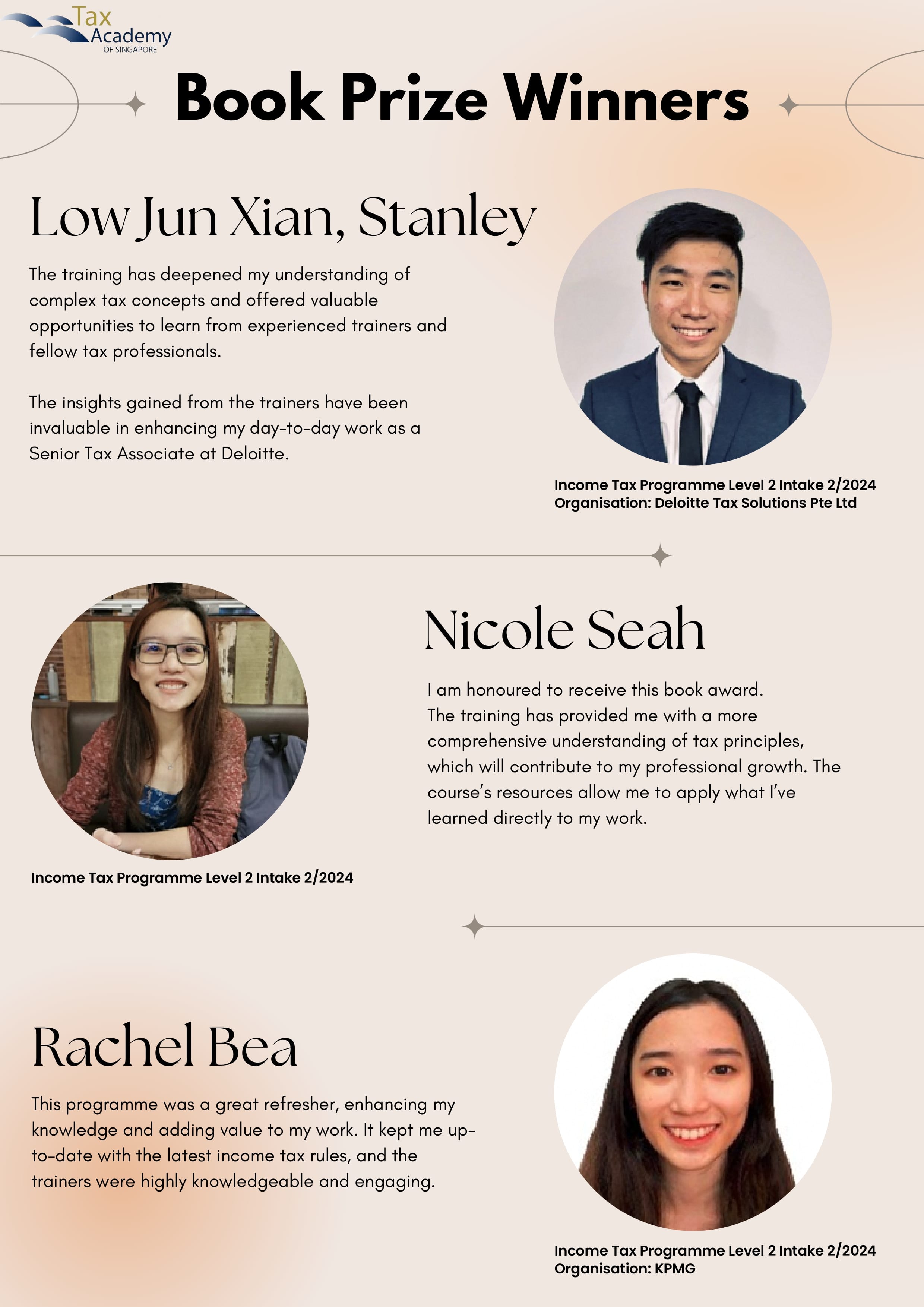 Tax Academy of Singapore Book Prize Winners flyer featuring photos and quotes from Stanley, Nicole Seah, and Rachel Bea.