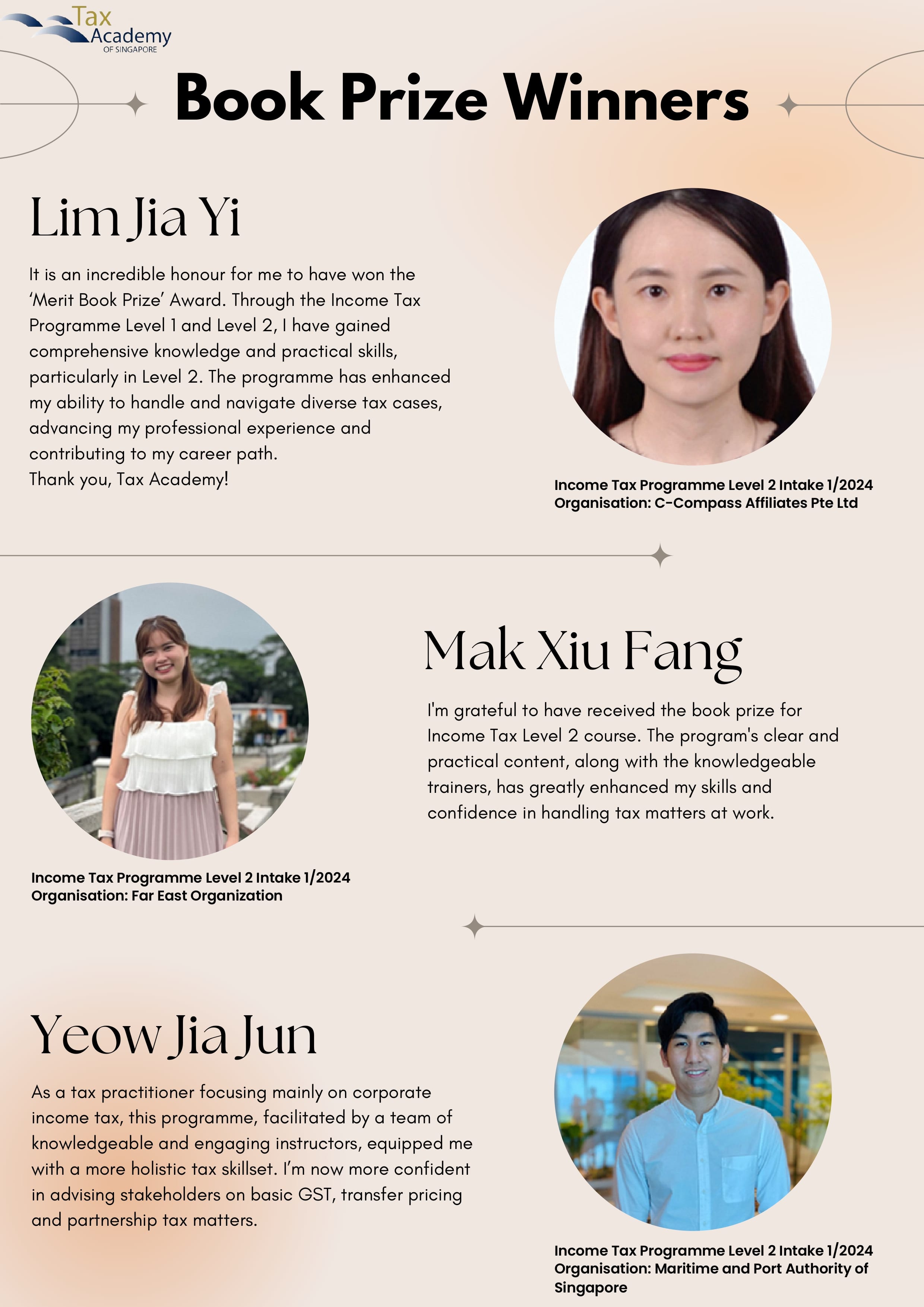 Tax Academy of Singapore Book Prize Winners flyer featuring photos and quotes from three winners: Lim Jia Yi, Mak Xiu Fang, and Yeow Jia Jun.