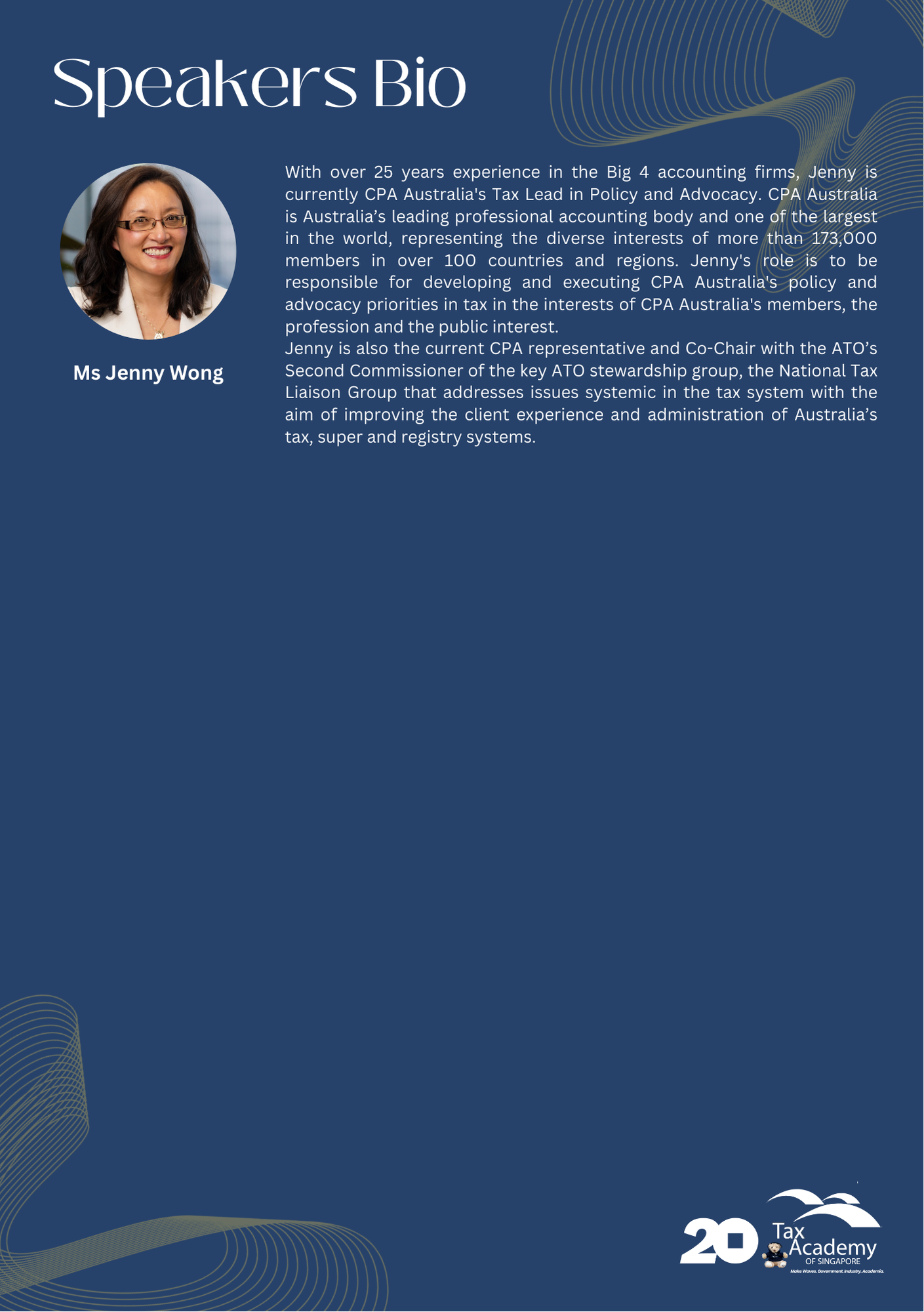 Speaker bio page for Ms Jenny Wong, showing her photo and text about her CPA Australia Tax Lead role.