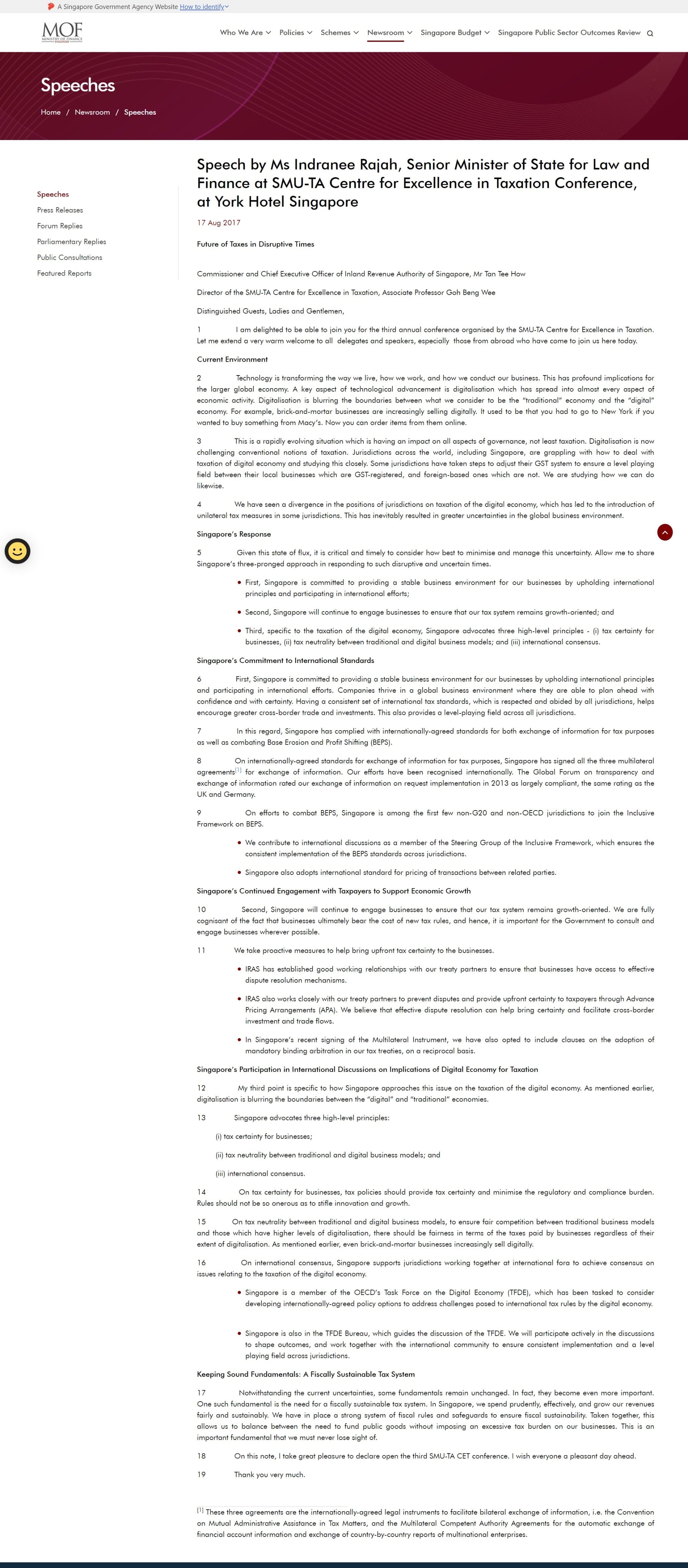 A webpage from the Singapore MOF site showing a speech by Ms Indranee Rajah at a taxation conference in 2017.