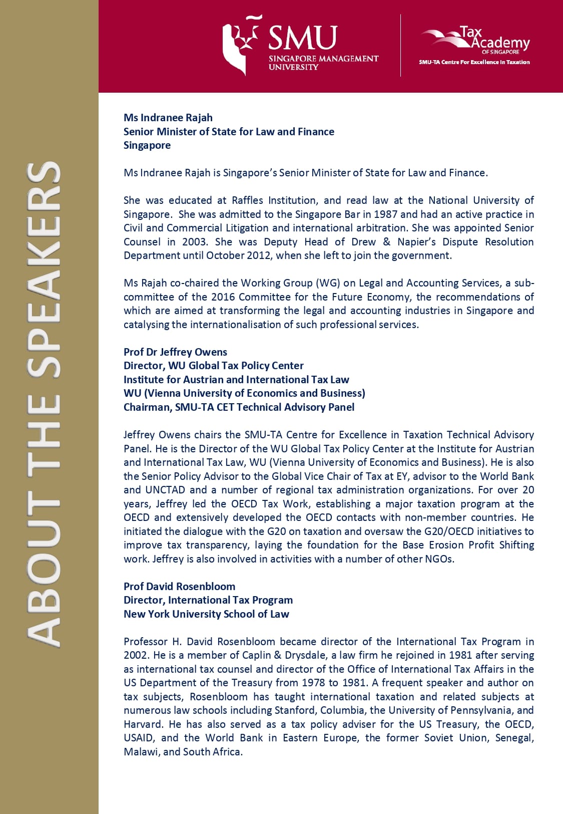 Speaker bios page with SMU and Tax Academy logos, listing profiles of Ms Indranee Rajah, Prof Jeffrey Owens, and Prof David Rosenbloom.