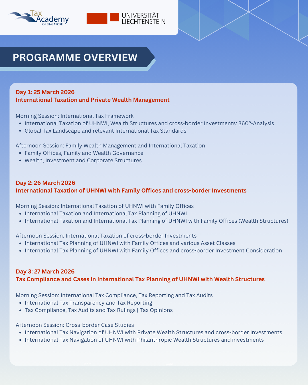 Three-day programme overview for international taxation and private wealth management, March 2026.
