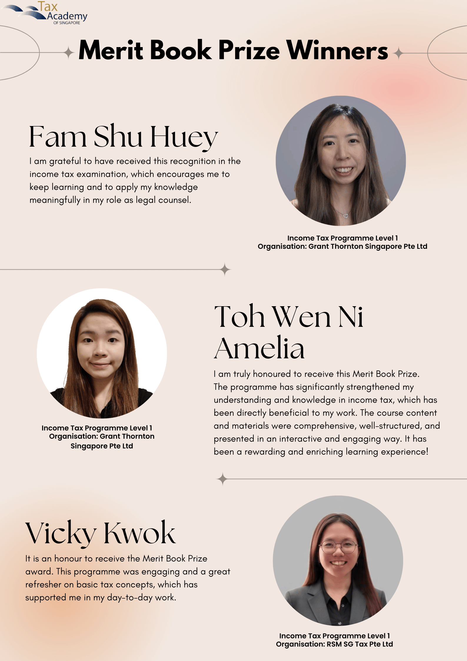 Tax Academy of Singapore Merit Book Prize Winners flyer featuring photos and quotes from Fam Shu Huey, Toh Wen Ni Amelia, and Vicky Kwok.