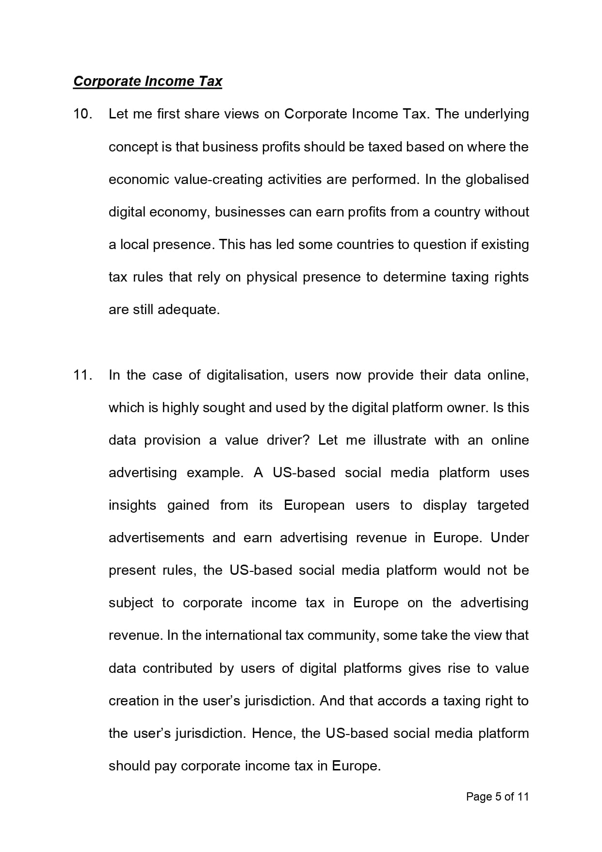 Page 5 of 11 of a document with bold heading Corporate Income Tax and two numbered paragraphs on digital taxation.