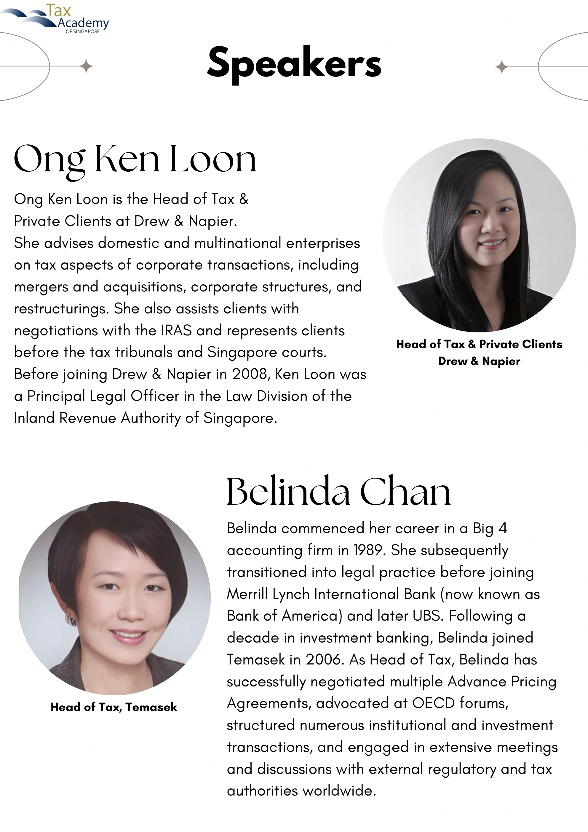 Tax Academy of Singapore speakers flyer featuring photos and bios of Ong Ken Loon and Belinda Chan.