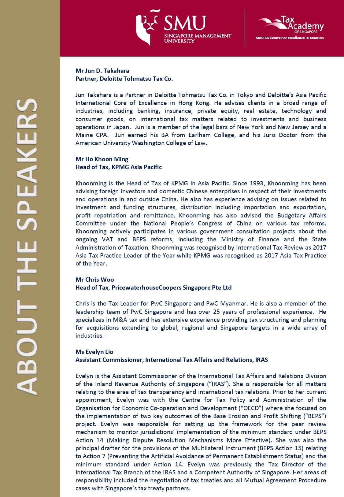 Speaker bios page from SMU and Tax Academy event listing four tax professionals and their backgrounds.